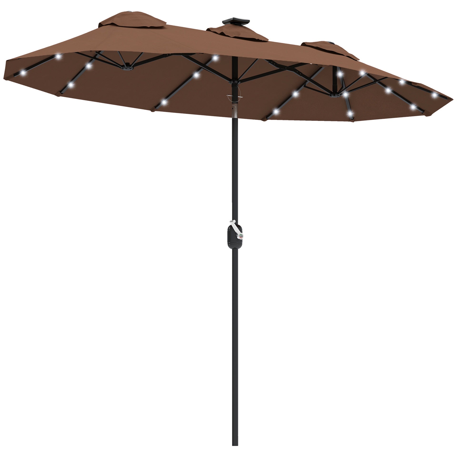 Outsunny Double-sided Patio Umbrella, 9.7 ft. Outdoor Umbrella with 45-Degree Tilt and Crank, LED Solar Light and 12 Ribs, Coffee