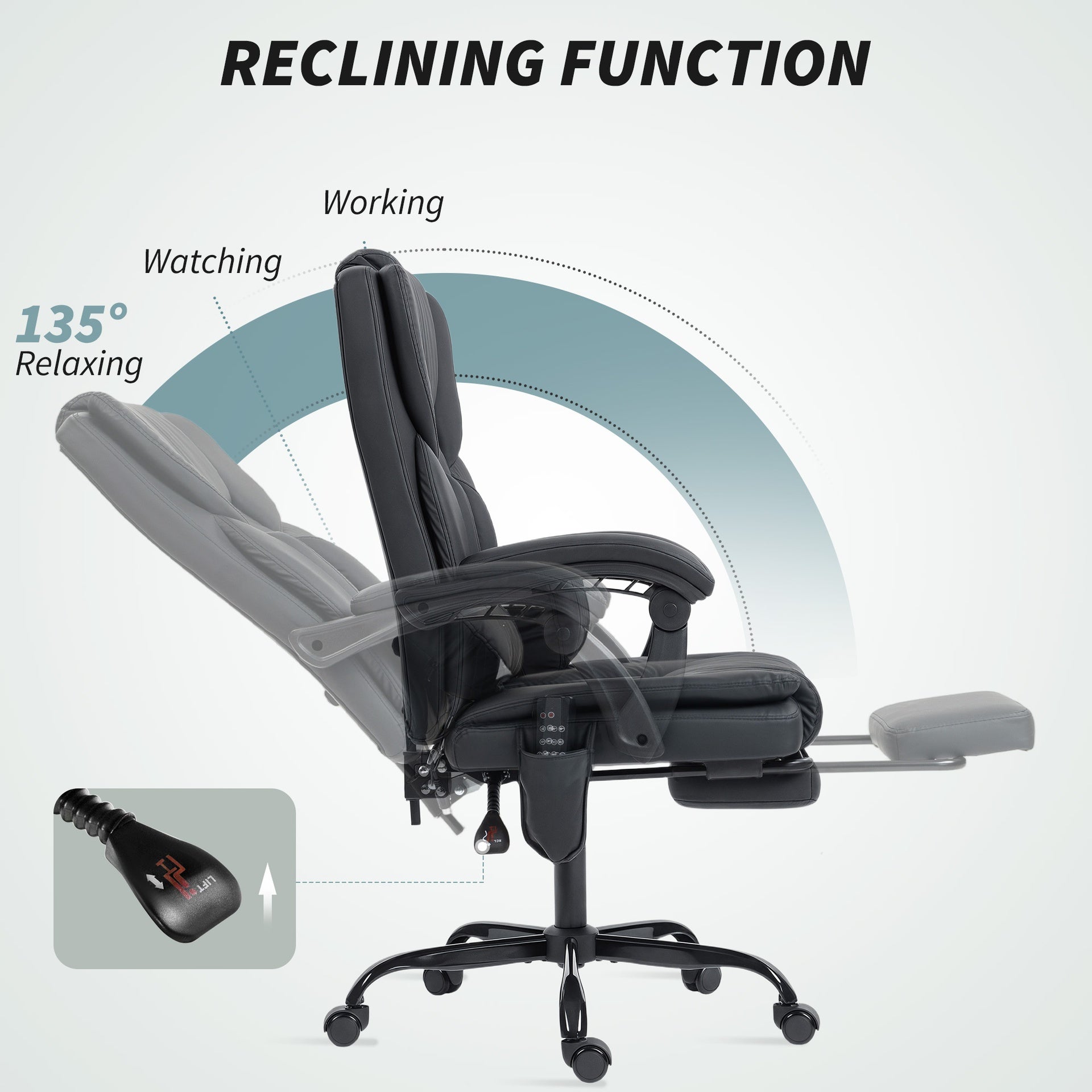 HOMCOM Office Chair with Massage, Pet-Friendly Faux Leather Reclining Desk Chair with Lumbar Support, Footrest, Black