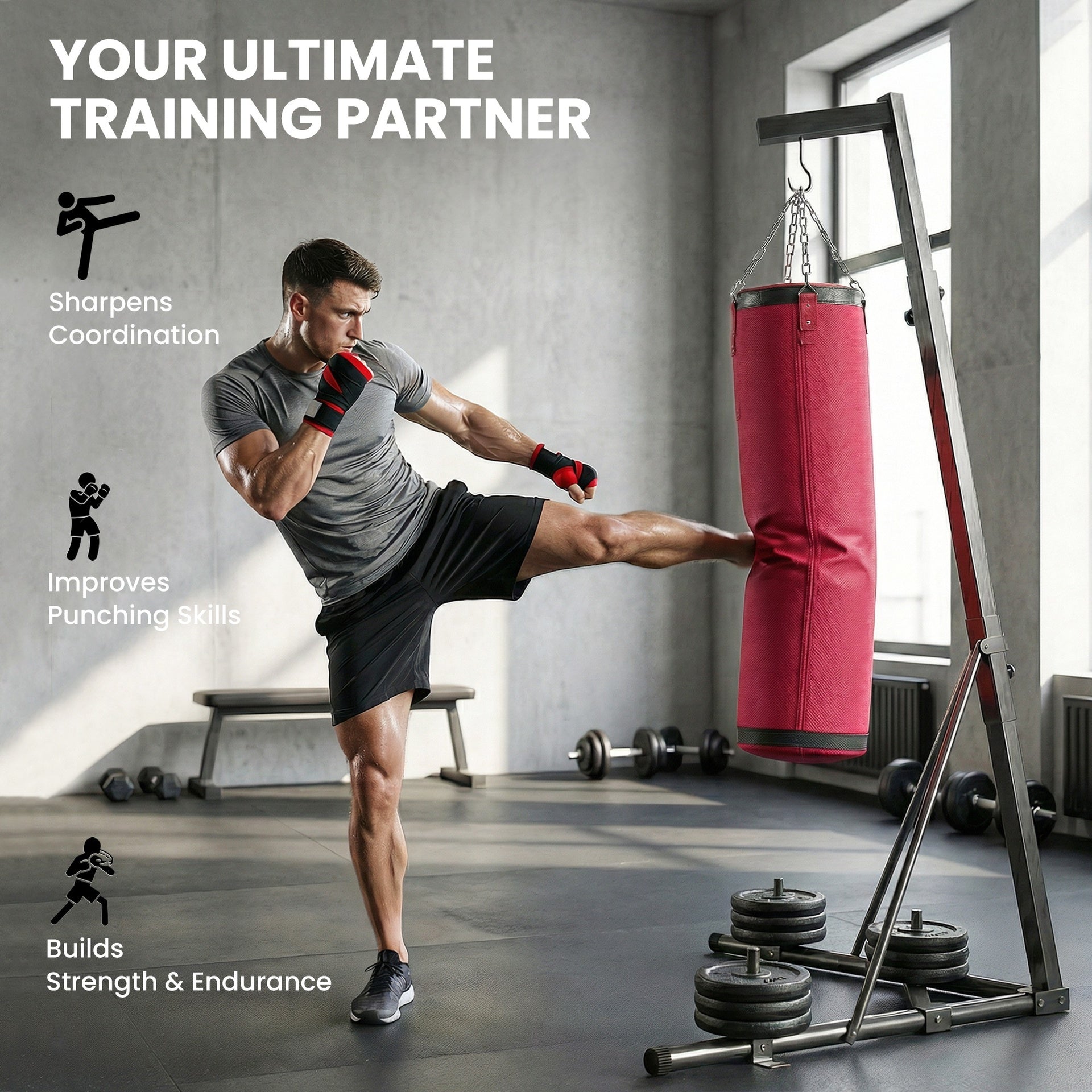 Soozier Punching Bag with Stand for Adults, 72.8"-90.9" Height Adjustable Freestanding Boxing Stand with Canvas Sandbag, Red