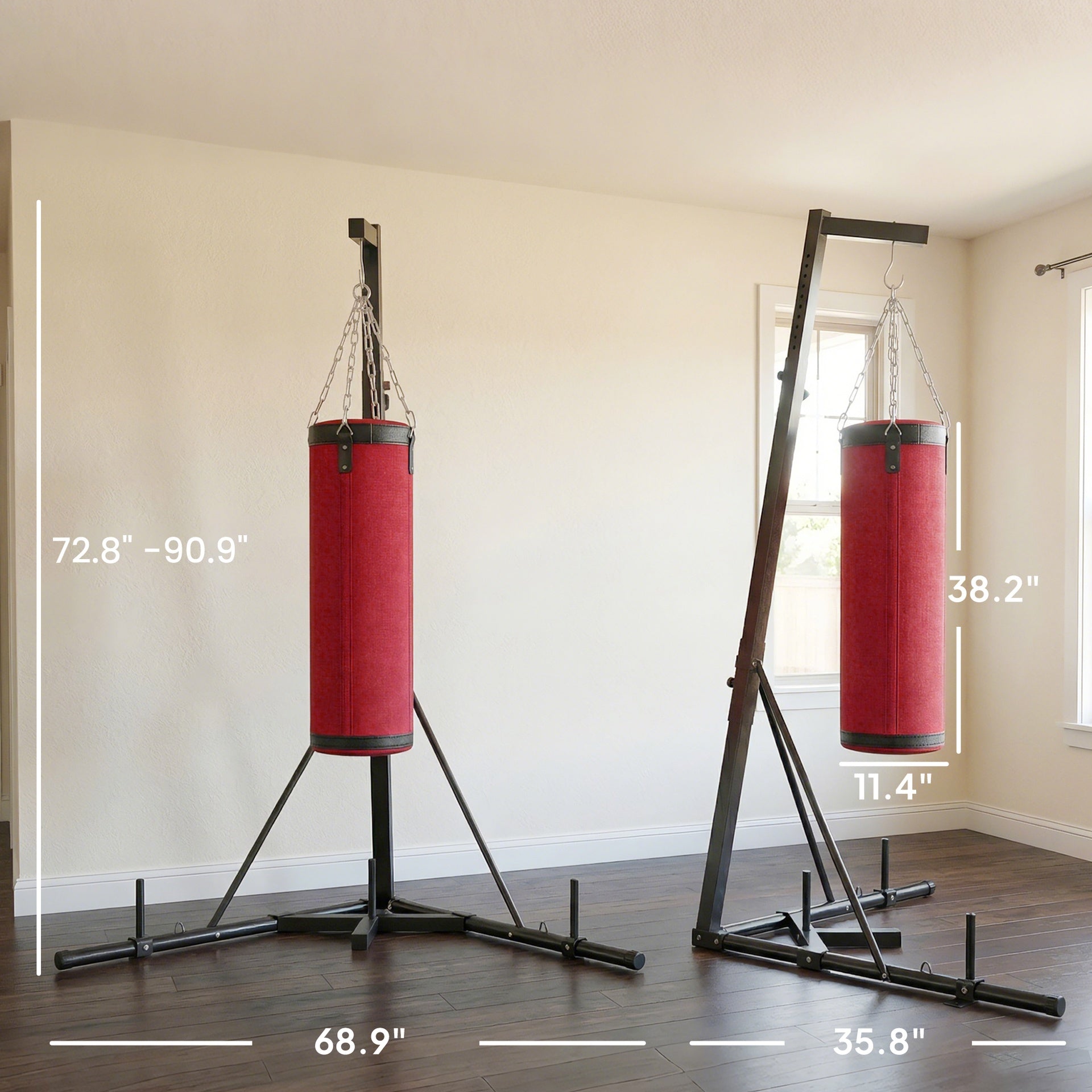 Soozier Punching Bag with Stand for Adults, 72.8"-90.9" Height Adjustable Freestanding Boxing Stand with Canvas Sandbag, Red