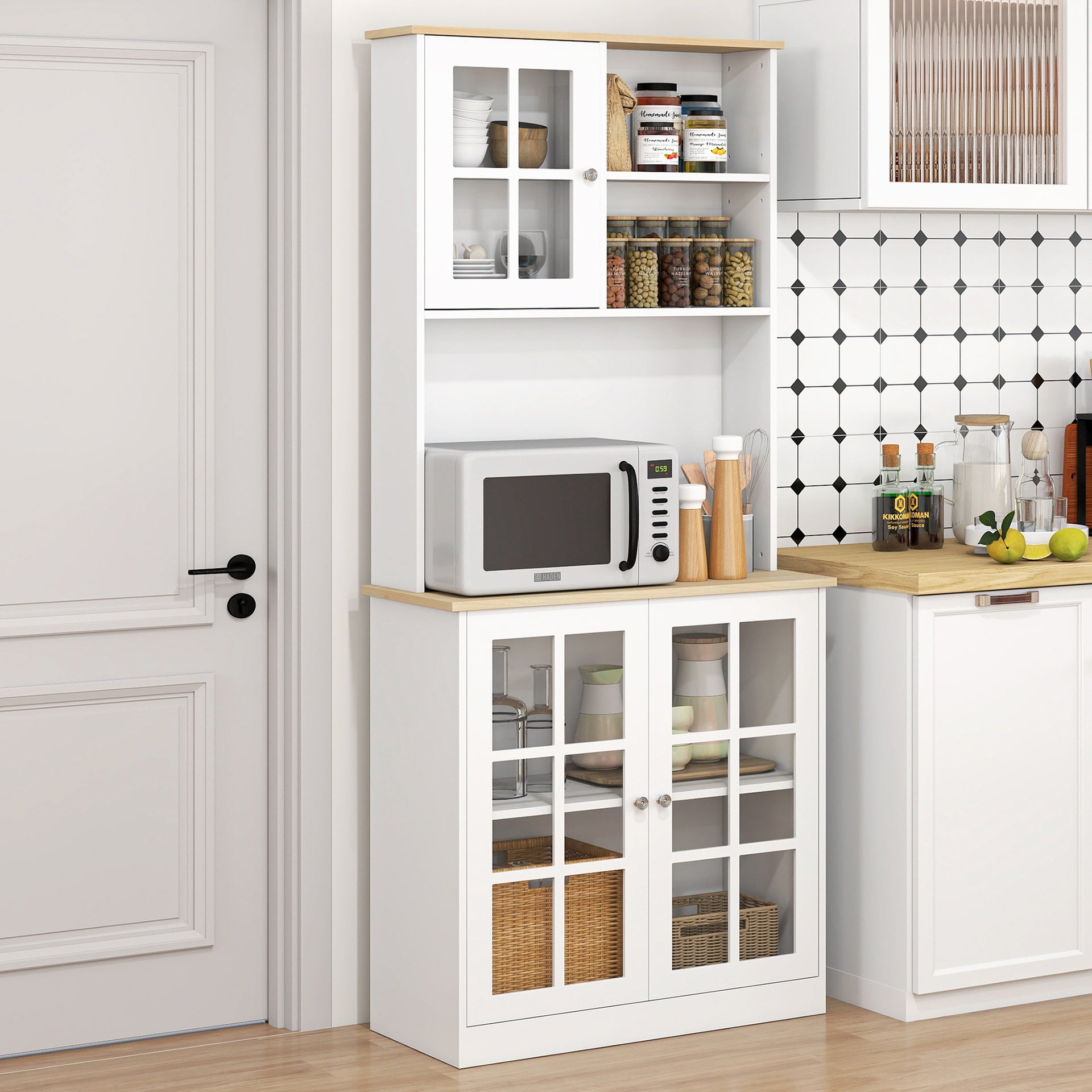 HOMCOM Kitchen Pantry Cabinet, 72" Freestanding Storage Cabinet with Hutch, Large Countertop, Glass Doors and Adjustable Shelves, Microwave Cabinet, Coffee Bar Cabinet for Dining Room, White