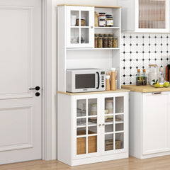 HOMCOM Kitchen Pantry Cabinet, 72" Freestanding Storage Cabinet with Hutch, Large Countertop, Glass Doors and Adjustable Shelves, Microwave Cabinet, Coffee Bar Cabinet for Dining Room, White
