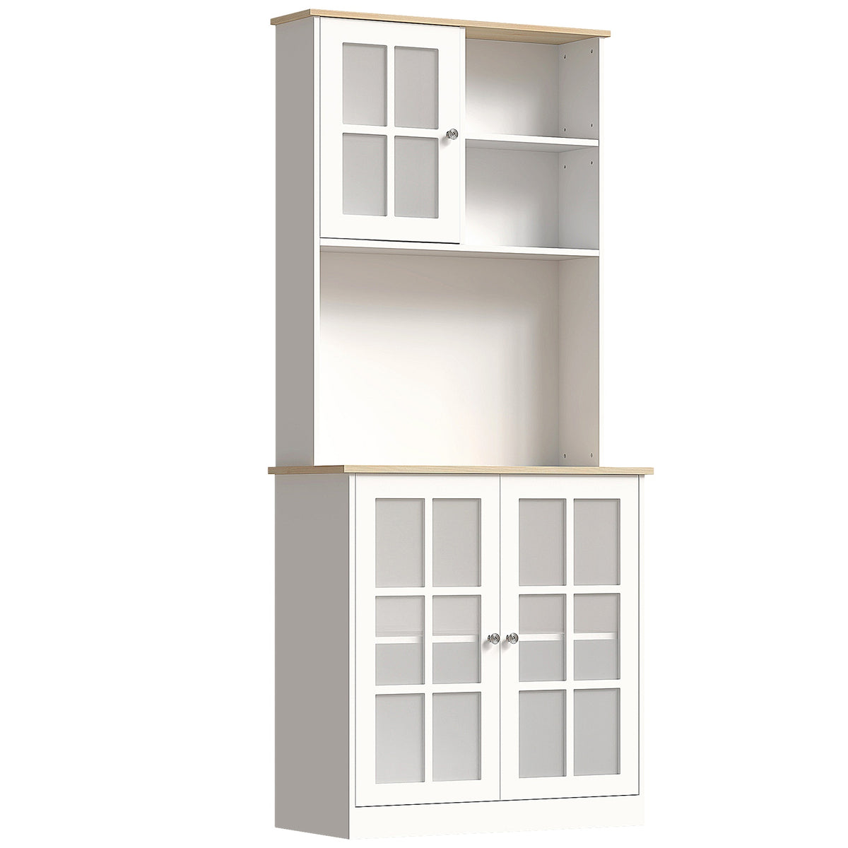 HOMCOM Kitchen Pantry Cabinet, 72" Freestanding Storage Cabinet with Hutch, Large Countertop, Glass Doors and Adjustable Shelves, Microwave Cabinet, Coffee Bar Cabinet for Dining Room, White