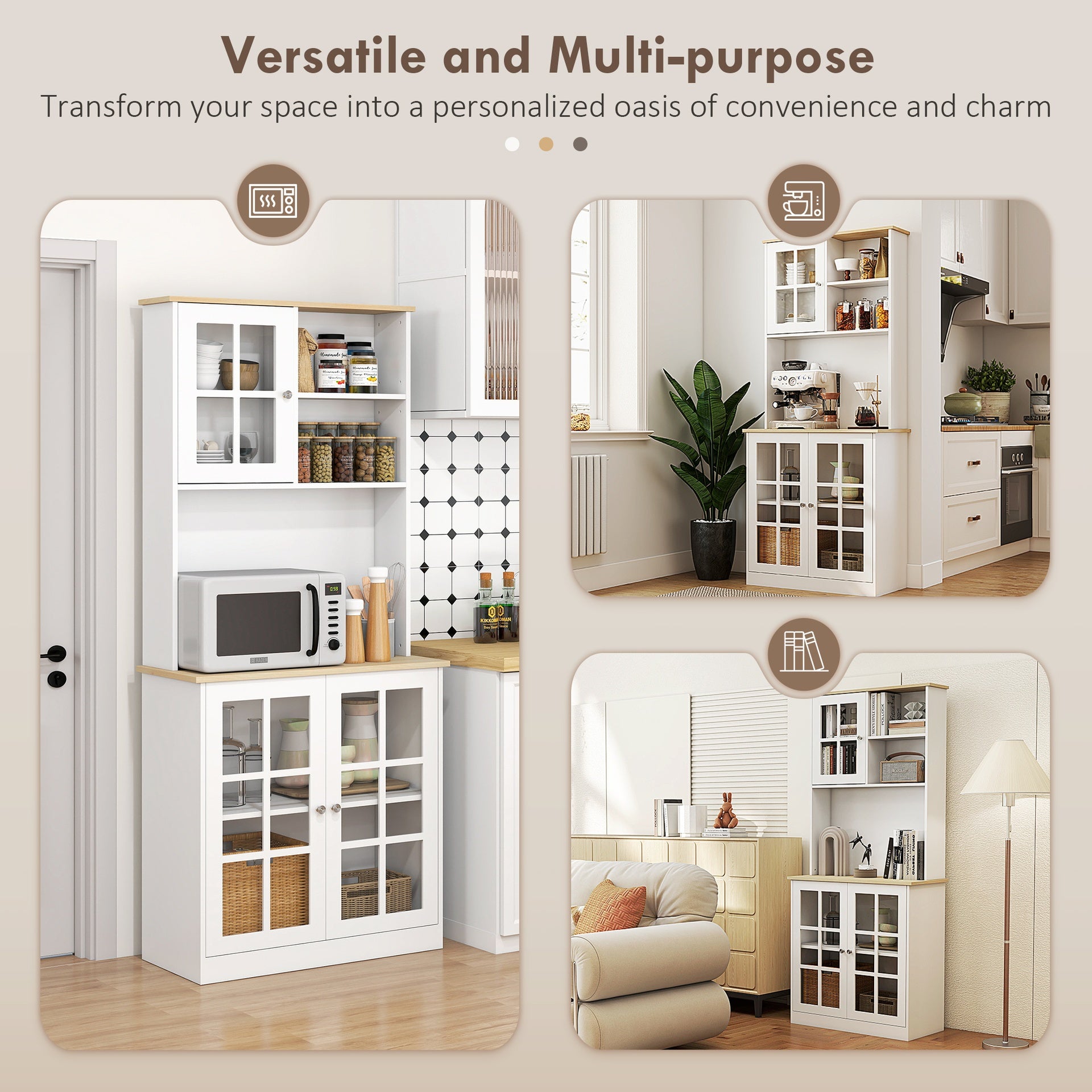HOMCOM Kitchen Pantry Cabinet, 72" Freestanding Storage Cabinet with Hutch, Large Countertop, Glass Doors and Adjustable Shelves, Microwave Cabinet, Coffee Bar Cabinet for Dining Room, White