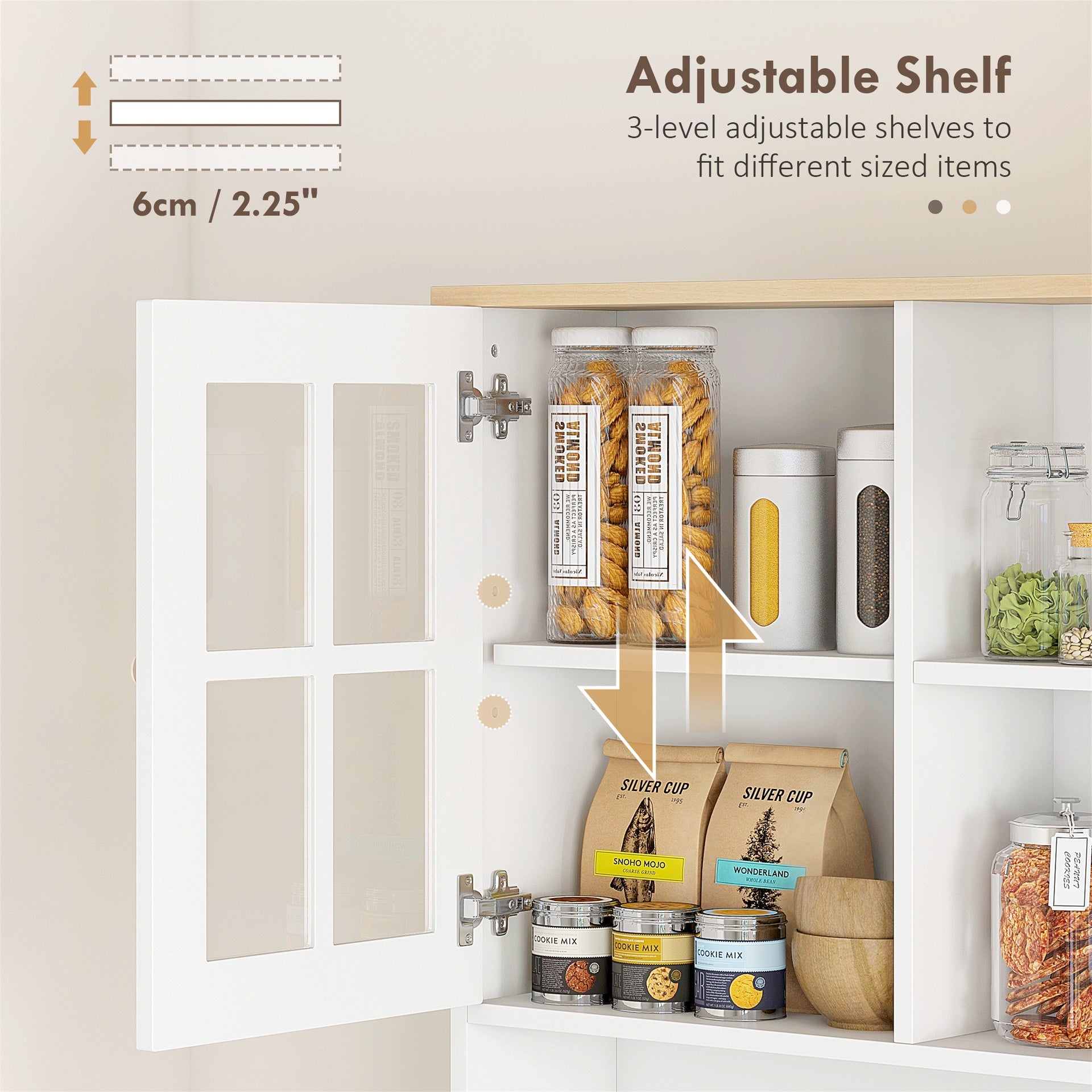 HOMCOM Kitchen Pantry Cabinet, 72" Freestanding Storage Cabinet with Hutch, Large Countertop, Glass Doors and Adjustable Shelves, Microwave Cabinet, Coffee Bar Cabinet for Dining Room, White