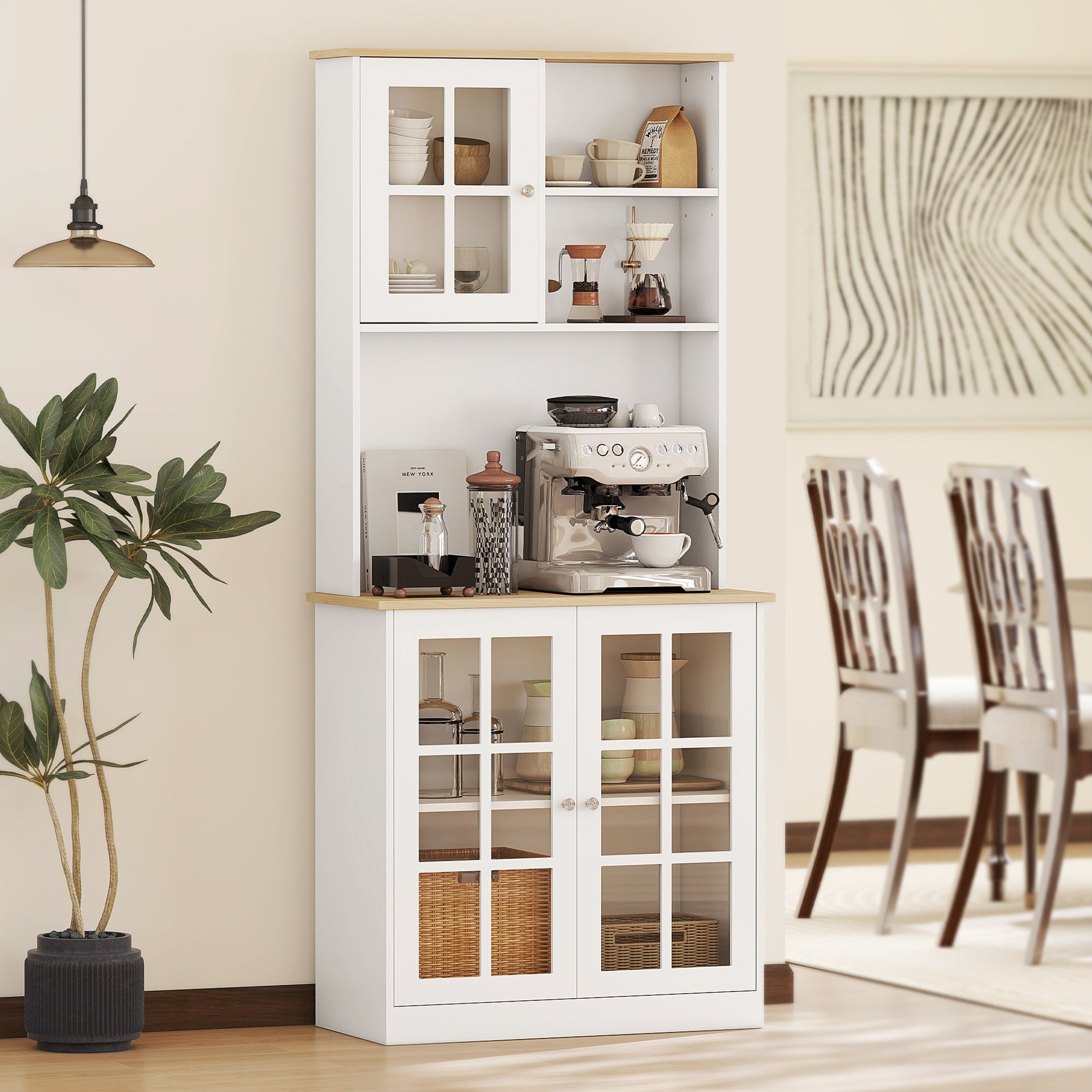 HOMCOM Kitchen Pantry Cabinet, 72" Freestanding Storage Cabinet with Hutch, Large Countertop, Glass Doors and Adjustable Shelves, Microwave Cabinet, Coffee Bar Cabinet for Dining Room, White