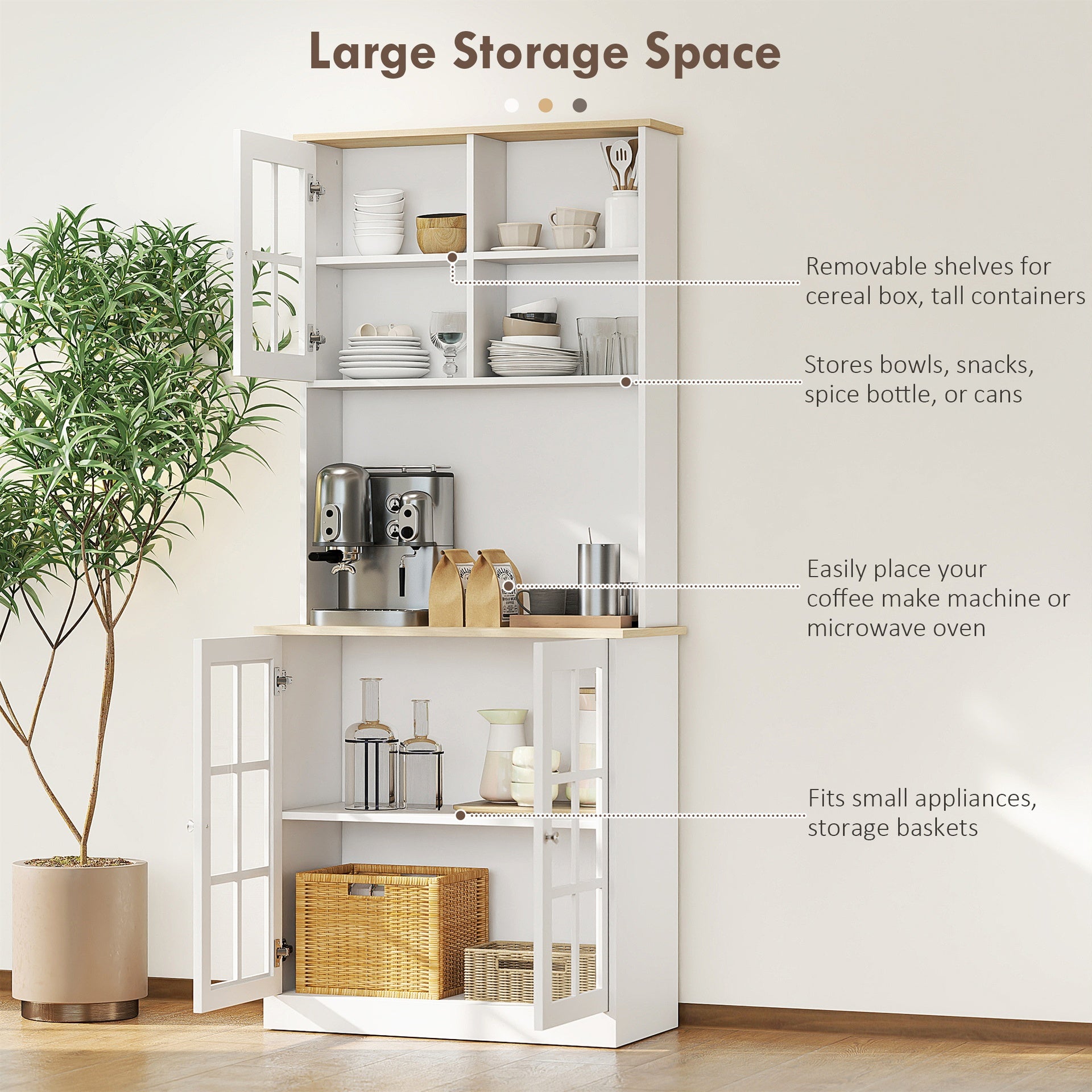 HOMCOM Kitchen Pantry Cabinet, 72" Freestanding Storage Cabinet with Hutch, Large Countertop, Glass Doors and Adjustable Shelves, Microwave Cabinet, Coffee Bar Cabinet for Dining Room, White
