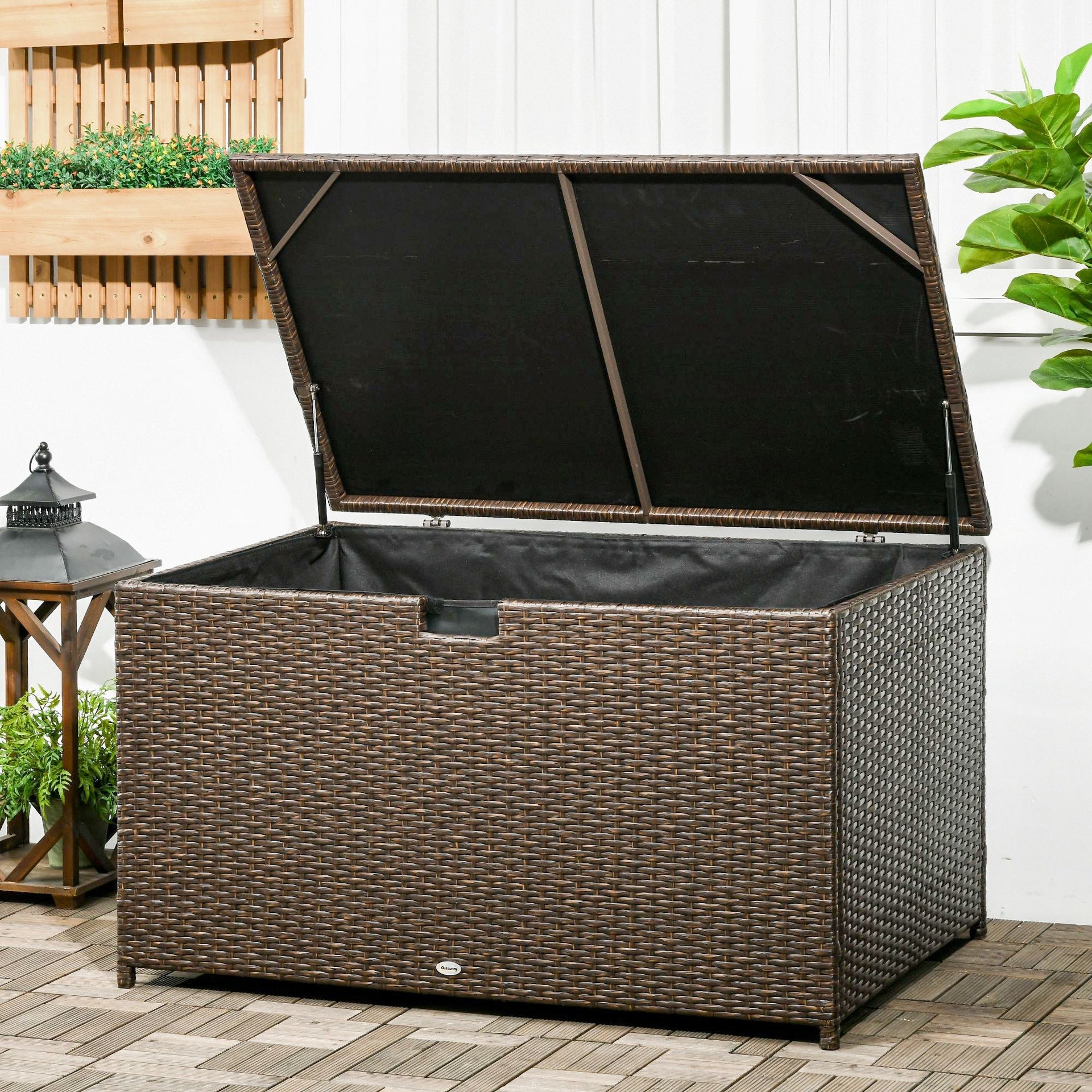 Outsunny 113 Gallon Outdoor Storage Box, Rattan Deck Box for Indoor, Patio Furniture Cushions, Pool Garden Tools, Brown