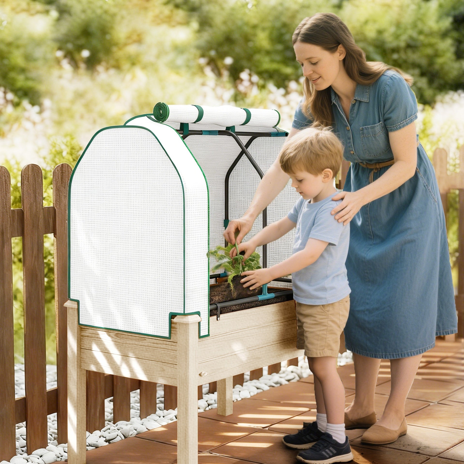 Outsunny Raised Garden Bed with PE Greenhouse Cover Outdoor Planter Box for Herbs and Vegetables, 35 x 22 x 47 inch, Natural