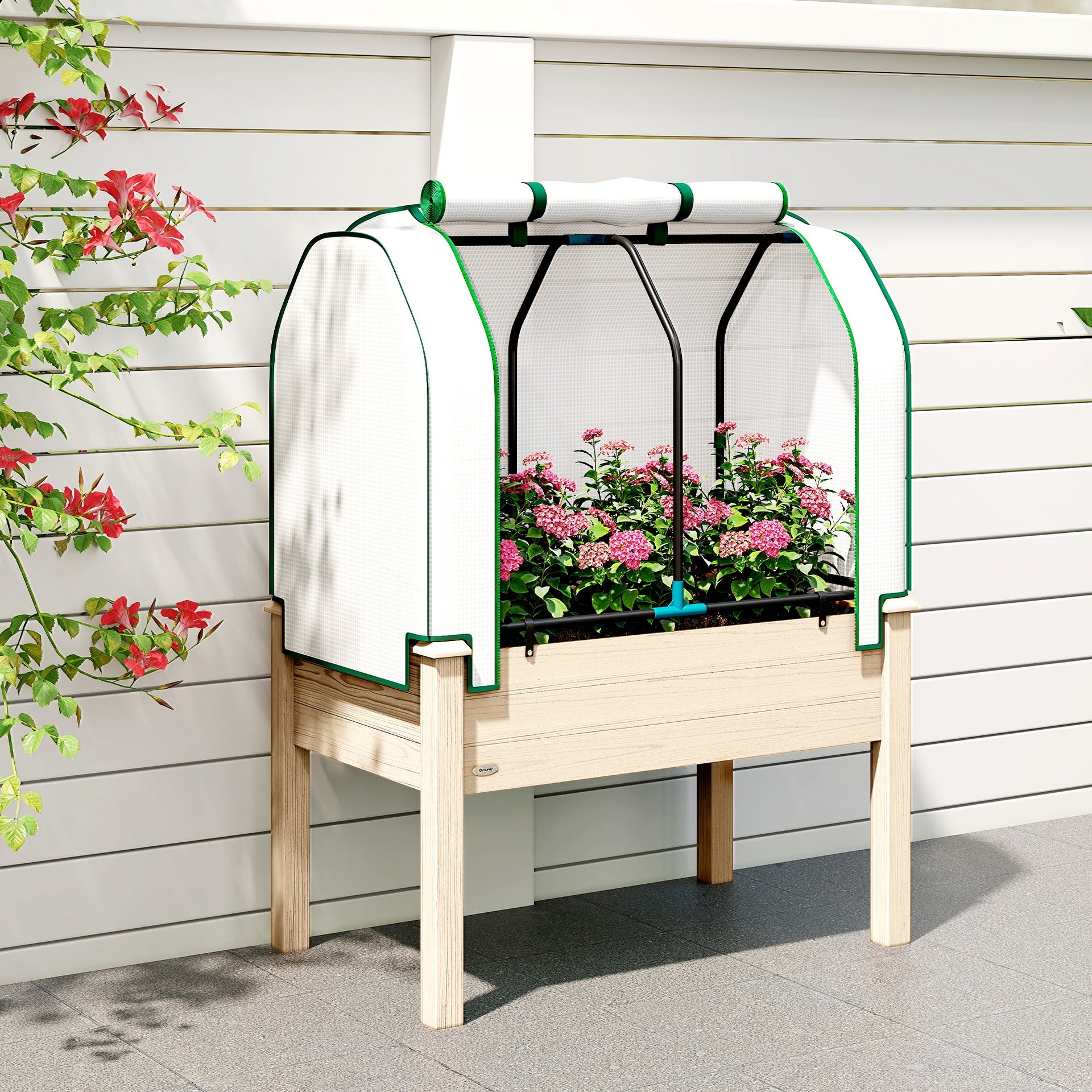 Outsunny Raised Garden Bed with PE Greenhouse Cover Outdoor Planter Box for Herbs and Vegetables, 35 x 22 x 47 inch, Natural