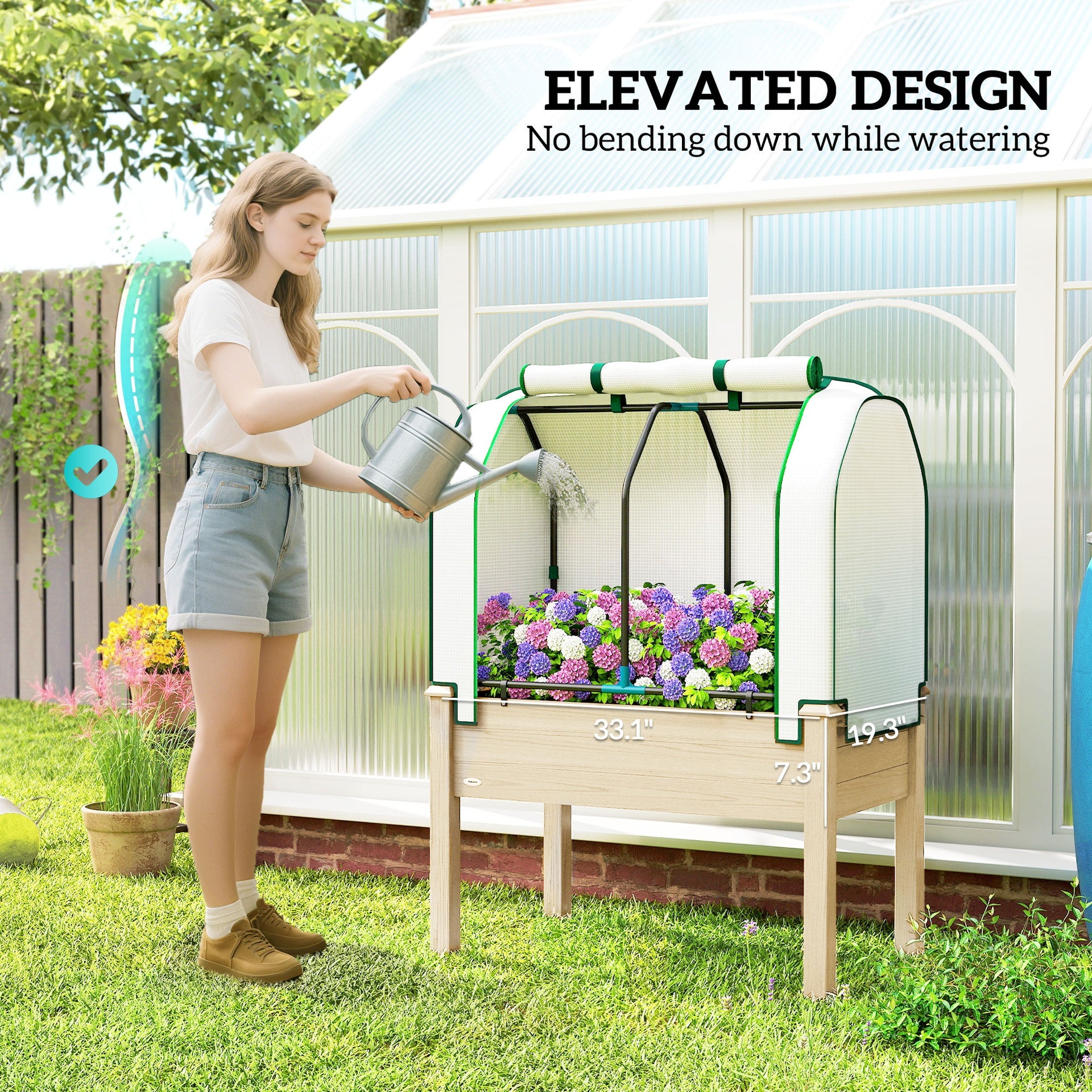 Outsunny Raised Garden Bed with PE Greenhouse Cover Outdoor Planter Box for Herbs and Vegetables, 35 x 22 x 47 inch, Natural