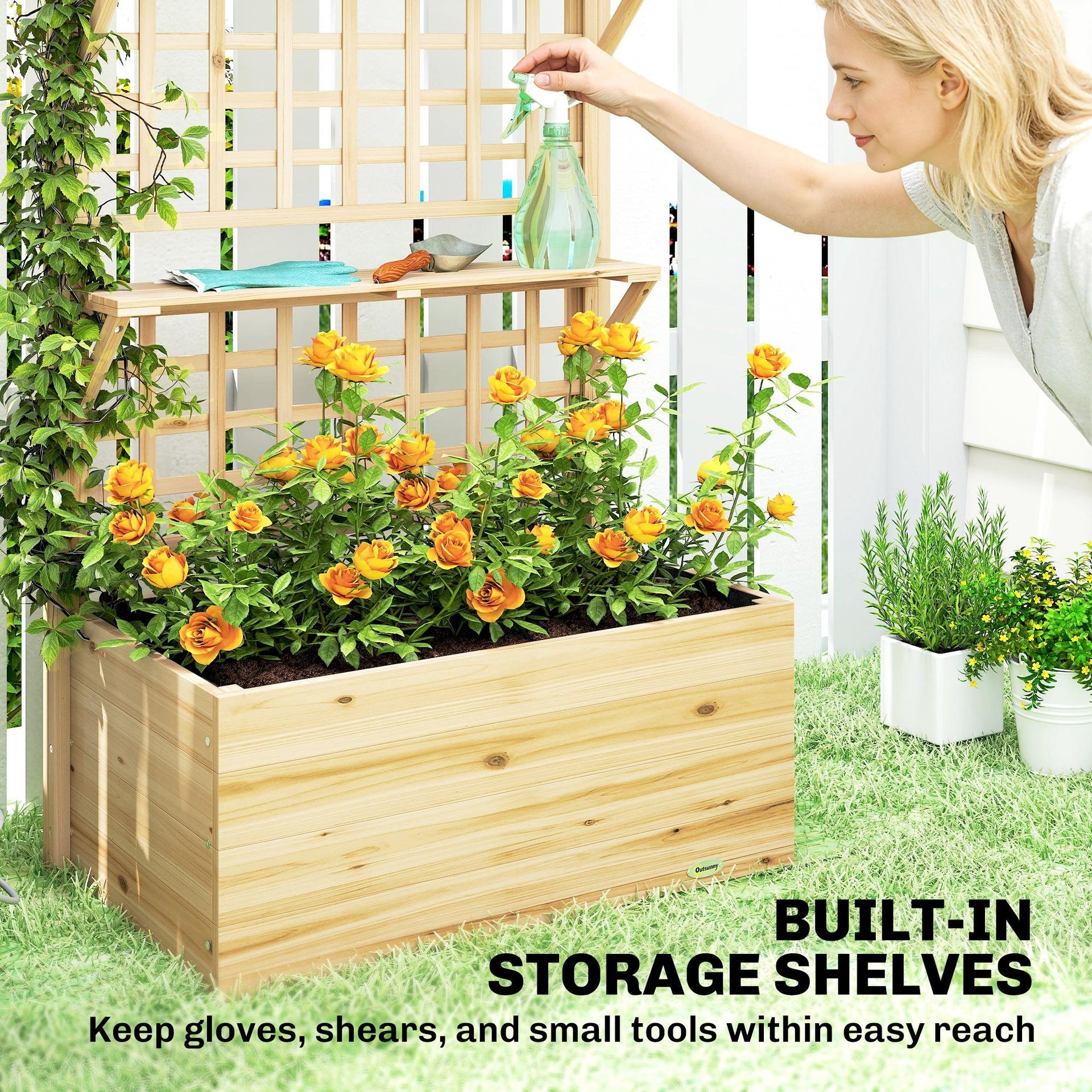 Outsunny Wooden Raised Garden Bed with Trellis and Roof, Elevated Planter Box with 2 Shelves, Drainage Hole and Liner, Natural