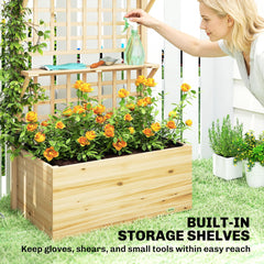 Outsunny Wooden Raised Garden Bed with Trellis and Roof, Elevated Planter Box with 2 Shelves, Drainage Hole and Liner, Natural