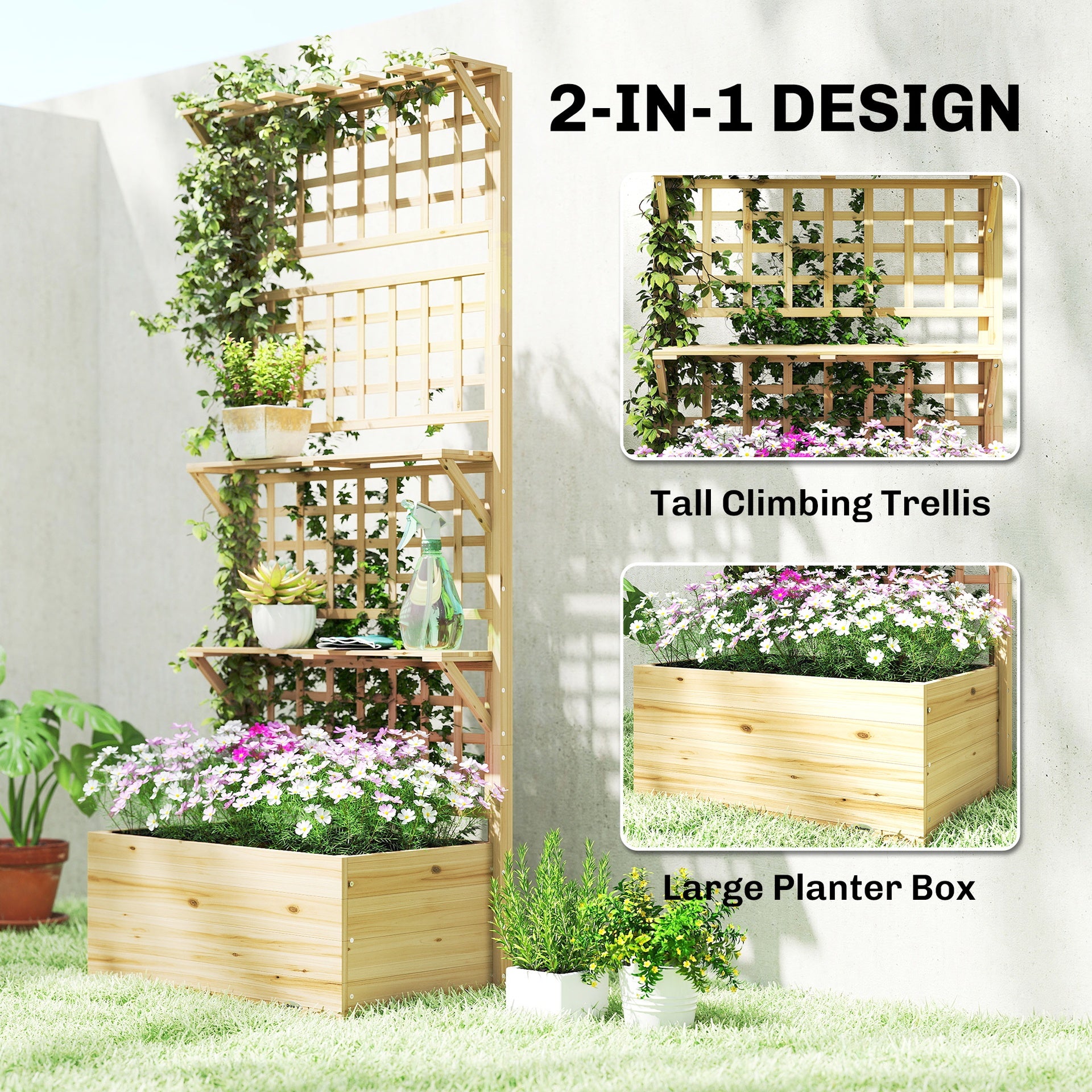 Outsunny Wooden Raised Garden Bed with Trellis and Roof, Elevated Planter Box with 2 Shelves, Drainage Hole and Liner, Natural
