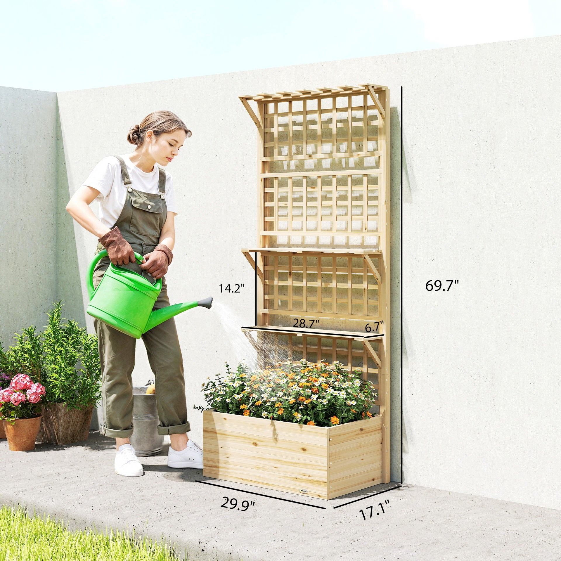 Outsunny Wooden Raised Garden Bed with Trellis and Roof, Elevated Planter Box with 2 Shelves, Drainage Hole and Liner, Natural