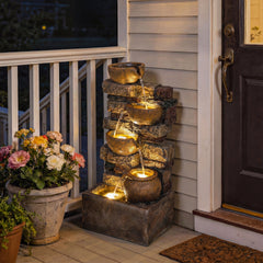 Outsunny 28" Outdoor Fountain with 5-Tier Rustic Jugs, Cascading Waterfall with LED Lights, Adjustable Flow, Rustic Brown