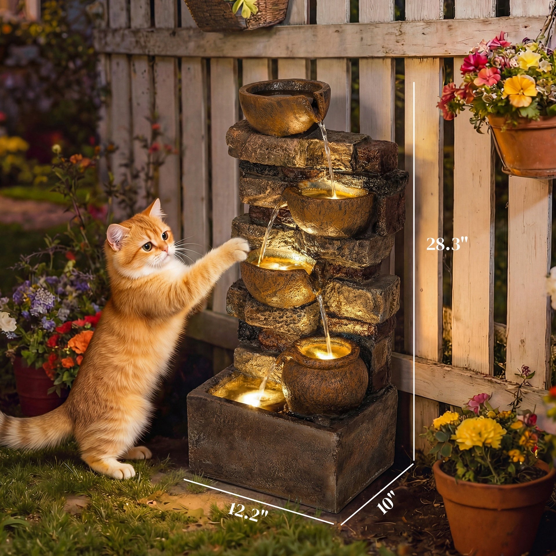 Outsunny 28" Outdoor Fountain with 5-Tier Rustic Jugs, Cascading Waterfall with LED Lights, Adjustable Flow, Rustic Brown