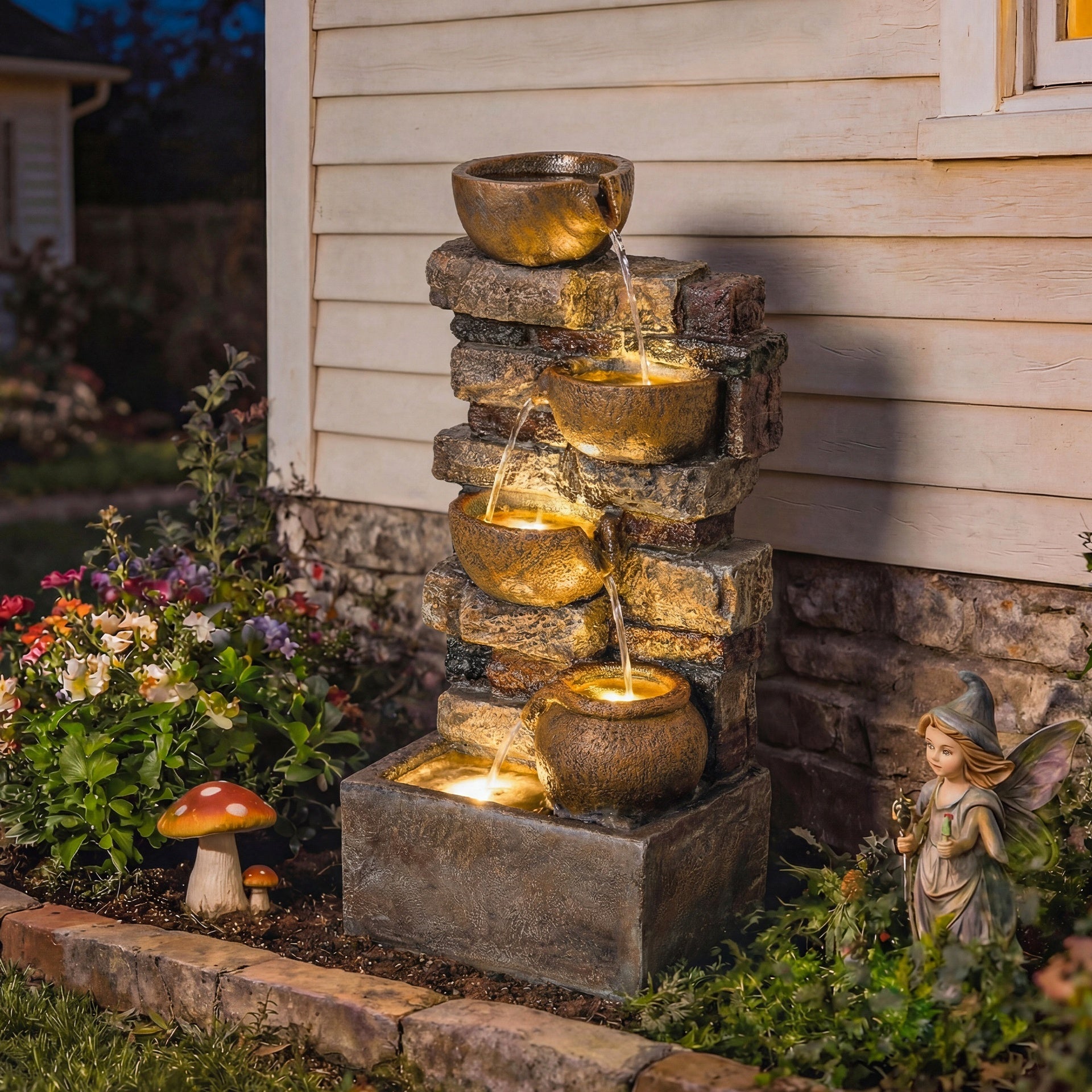 Outsunny 28" Outdoor Fountain with 5-Tier Rustic Jugs, Cascading Waterfall with LED Lights, Adjustable Flow, Rustic Brown