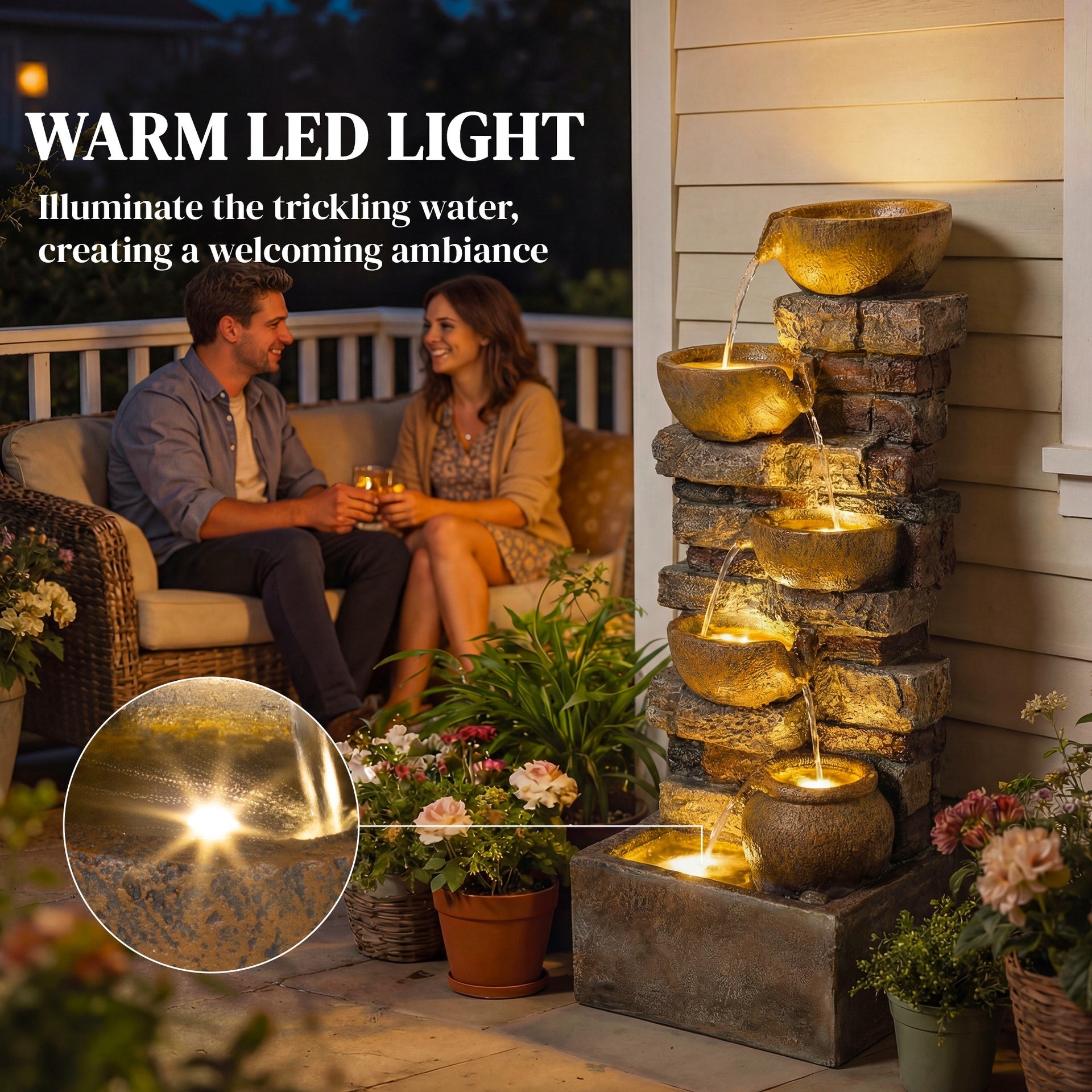 Outsunny 28" Outdoor Fountain with 5-Tier Rustic Jugs, Cascading Waterfall with LED Lights, Adjustable Flow, Rustic Brown