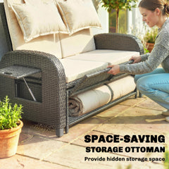 Outsunny Patio Rattan Daybed, Wicker Outdoor Daybed with Storage Ottoman, Loveseat w/ Adjustable Backrest, Beige