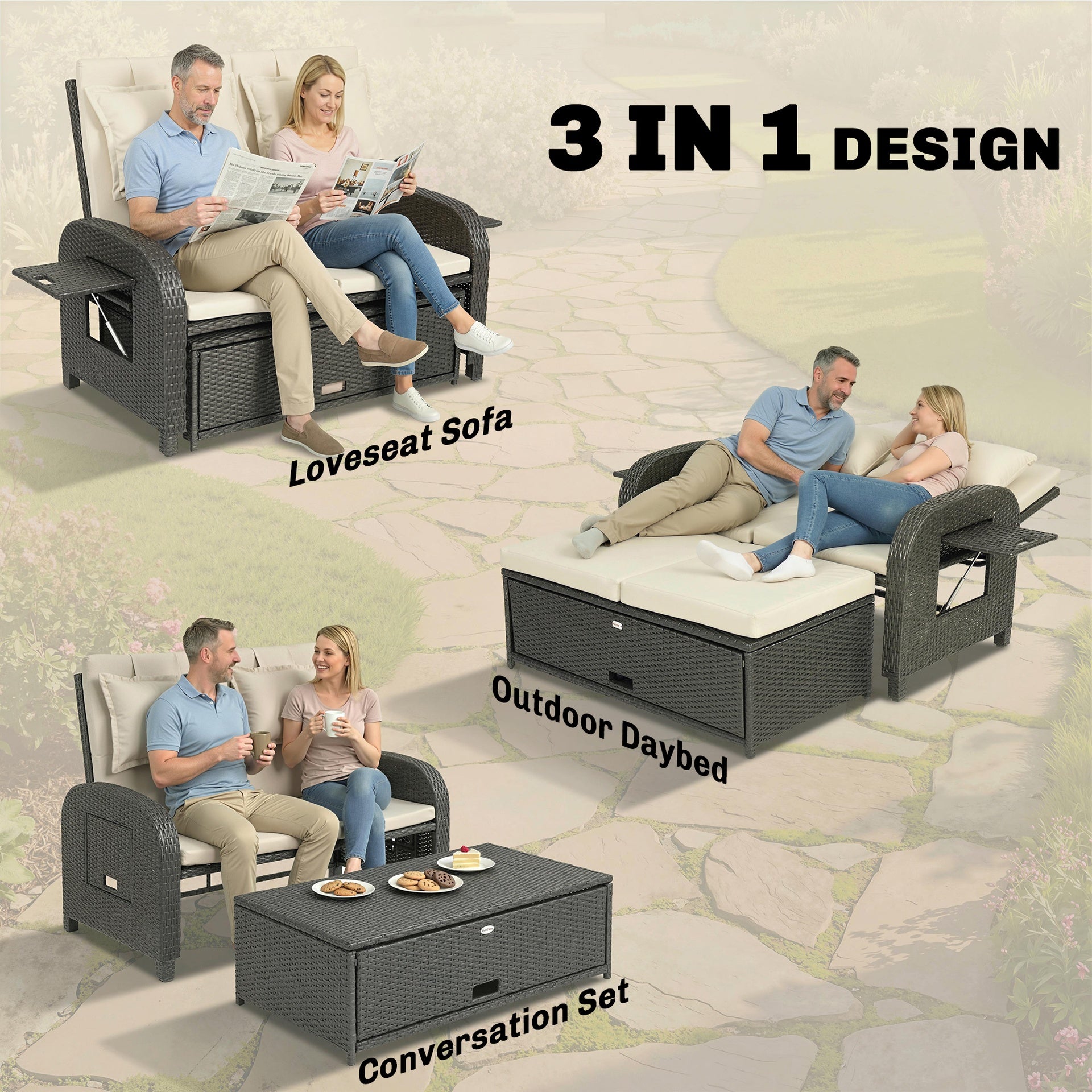 Outsunny Patio Rattan Daybed, Wicker Outdoor Daybed with Storage Ottoman, Loveseat w/ Adjustable Backrest, Beige