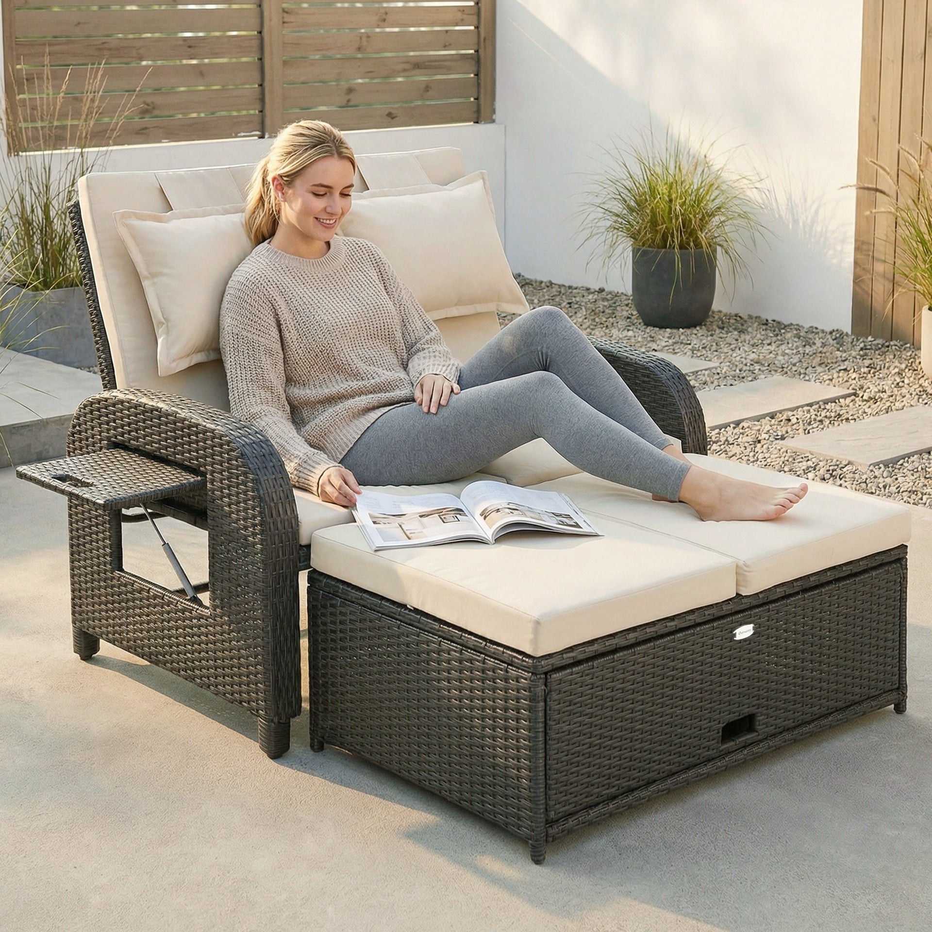 Outsunny Patio Rattan Daybed, Wicker Outdoor Daybed with Storage Ottoman, Loveseat w/ Adjustable Backrest, Beige