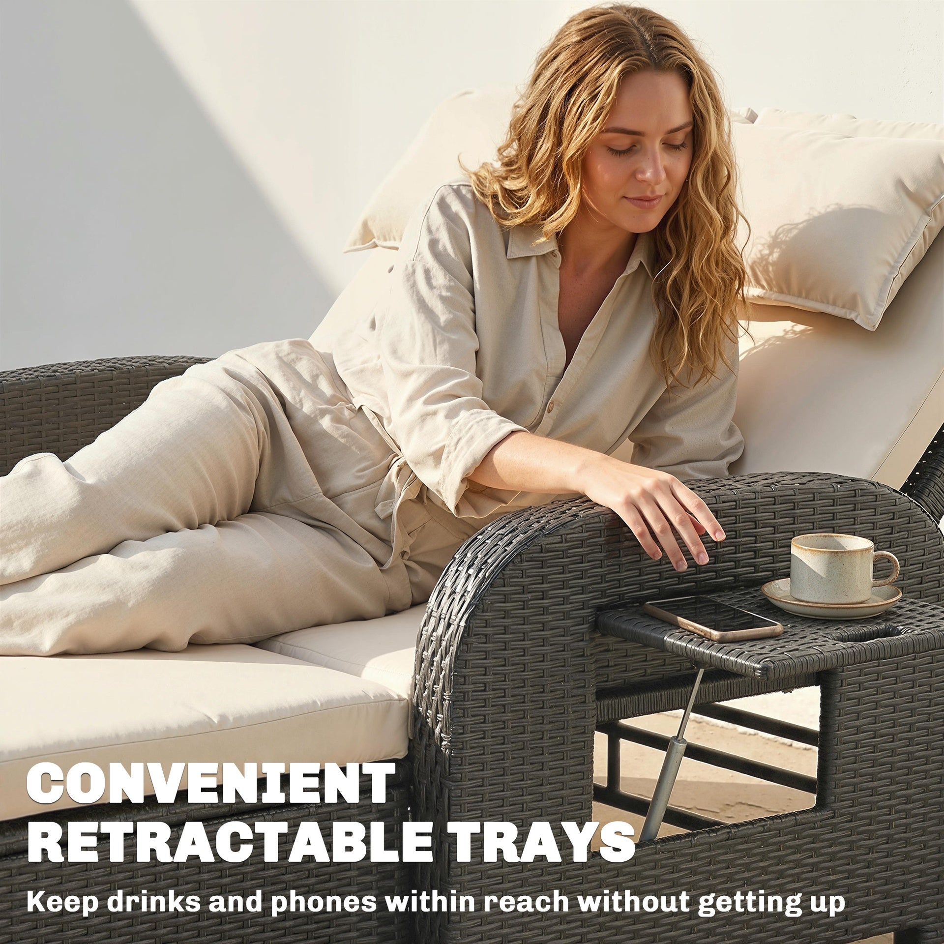 Outsunny Patio Rattan Daybed, Wicker Outdoor Daybed with Storage Ottoman, Loveseat w/ Adjustable Backrest, Beige