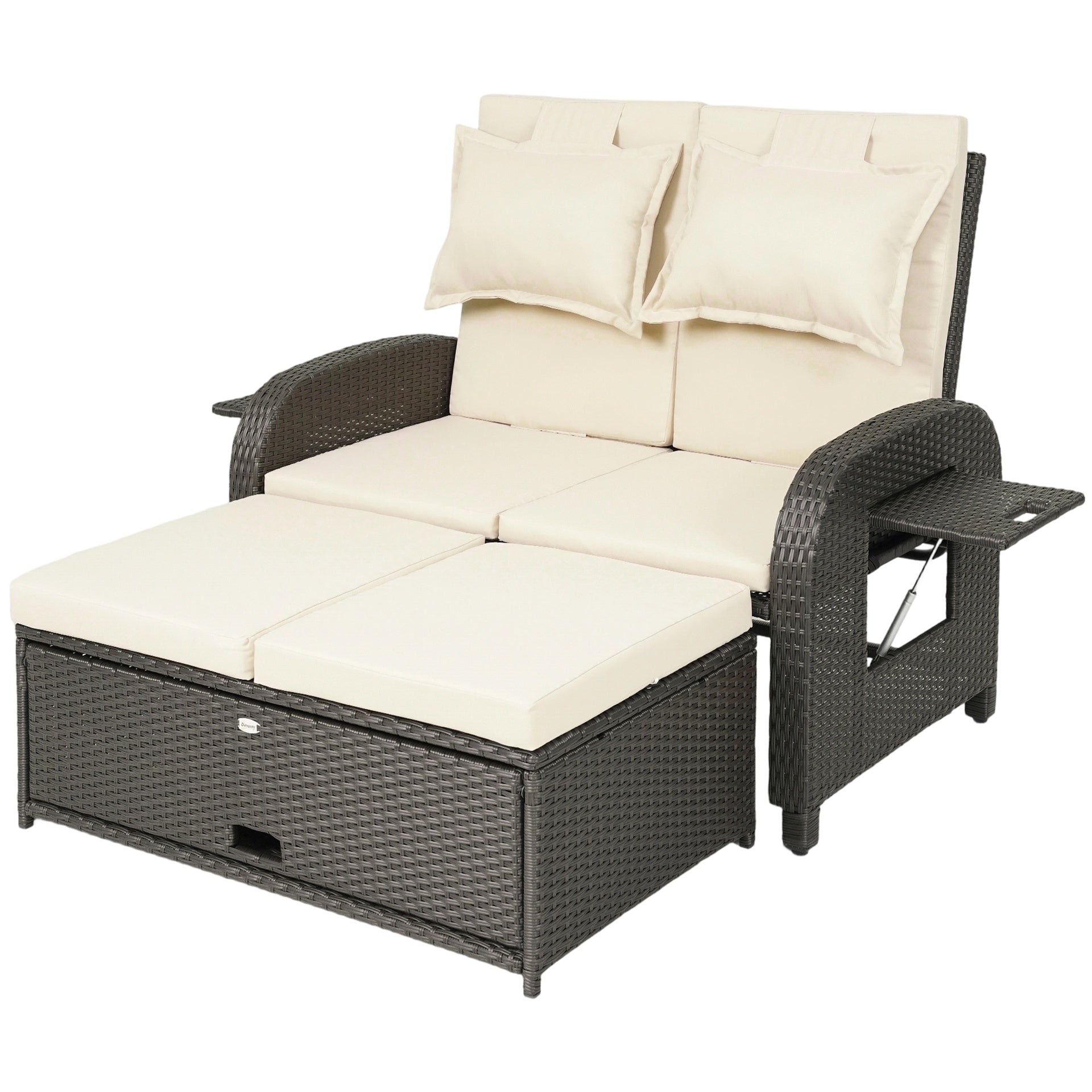 Outsunny Patio Rattan Daybed, Wicker Outdoor Daybed with Storage Ottoman, Loveseat w/ Adjustable Backrest, Beige