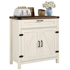 HOMCOM Modern Farmhouse Sideboard with Storage, Buffet Cabinet with 2 Barn Doors and Drawer for Dining Room, Distressed White