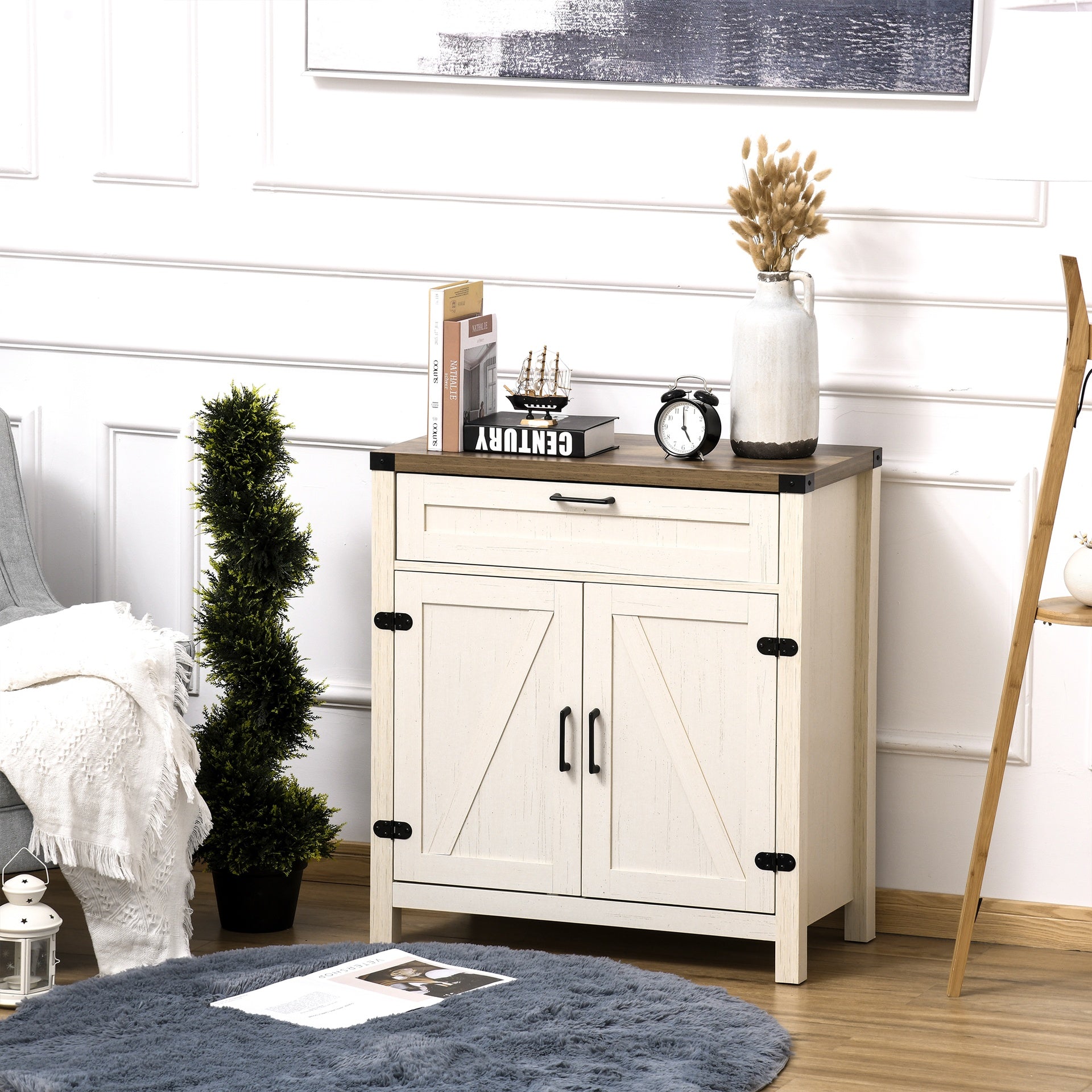 HOMCOM Modern Farmhouse Sideboard with Storage, Buffet Cabinet with 2 Barn Doors and Drawer for Dining Room, Distressed White