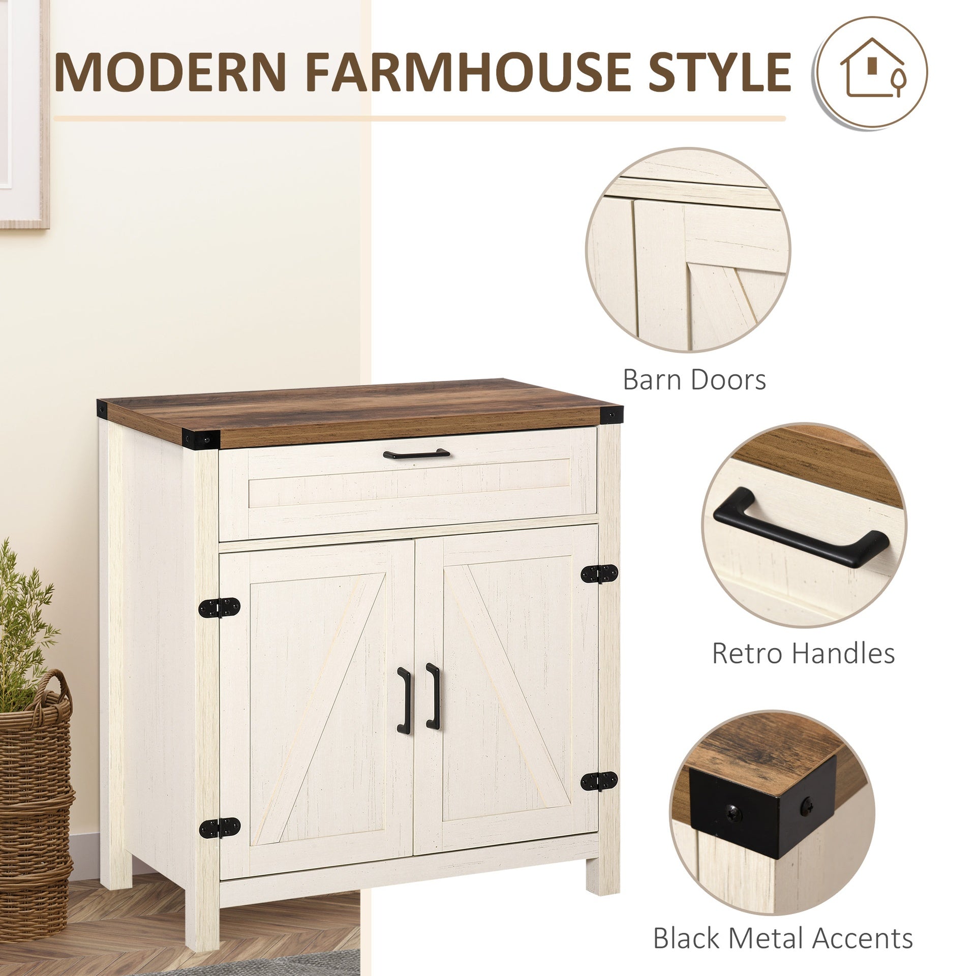 HOMCOM Modern Farmhouse Sideboard with Storage, Buffet Cabinet with 2 Barn Doors and Drawer for Dining Room, Distressed White