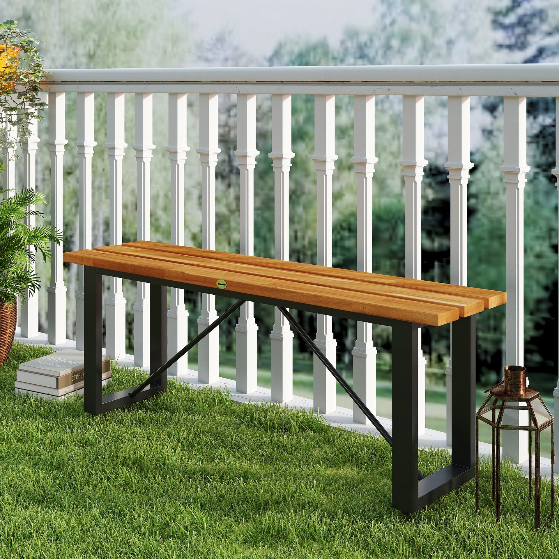 Outsunny Outdoor Bench, 2-Person Backless Garden Bench, Acacia Wood Patio Bench Loveseat with Slatted Seat for Porch, Park, Teak