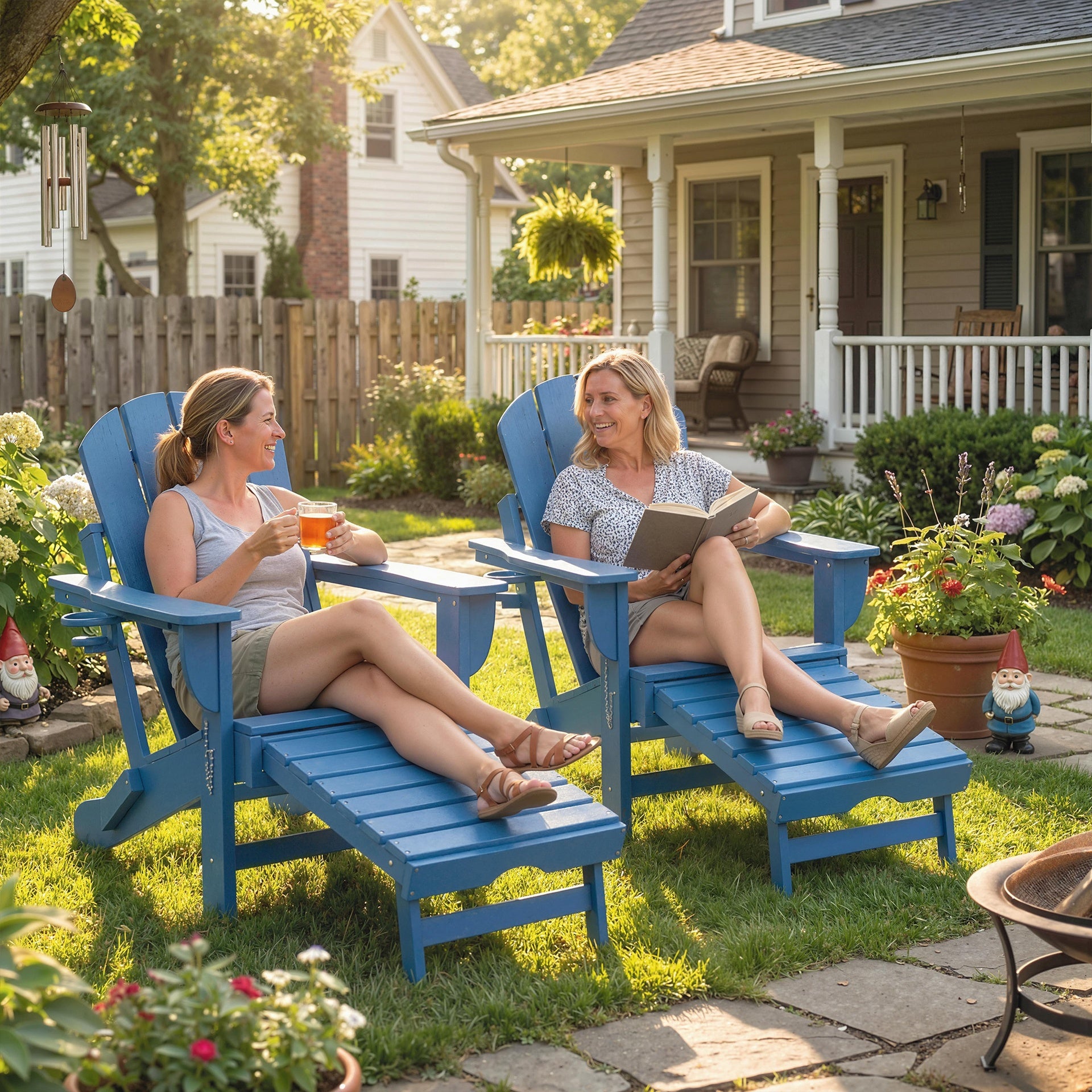 Outsunny Folding Adirondack Chair Set of 2, HDPE Fire Pit Chair with Retractable Ottoman and Cup Holder, Blue