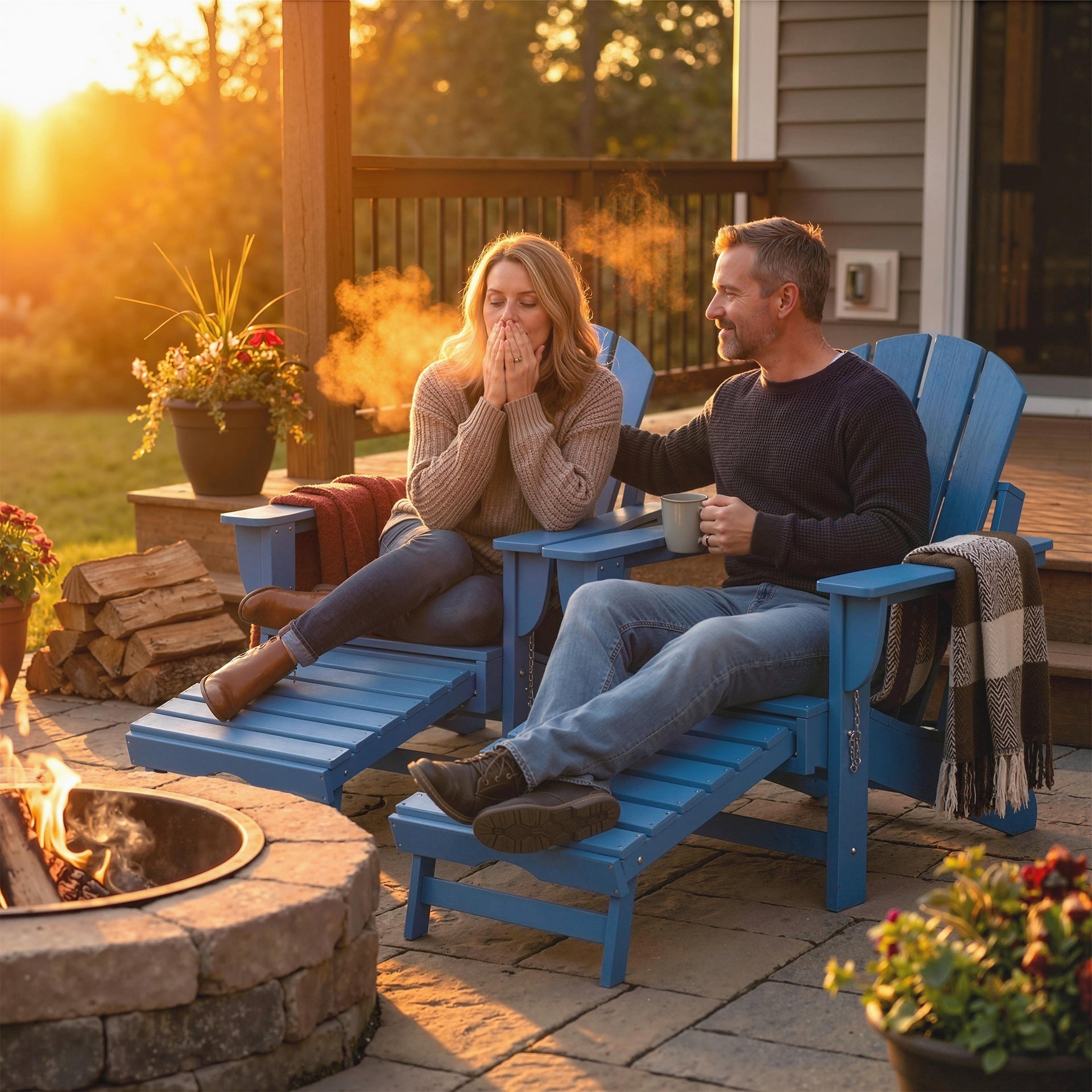 Outsunny Folding Adirondack Chair Set of 2, HDPE Fire Pit Chair with Retractable Ottoman and Cup Holder, Blue