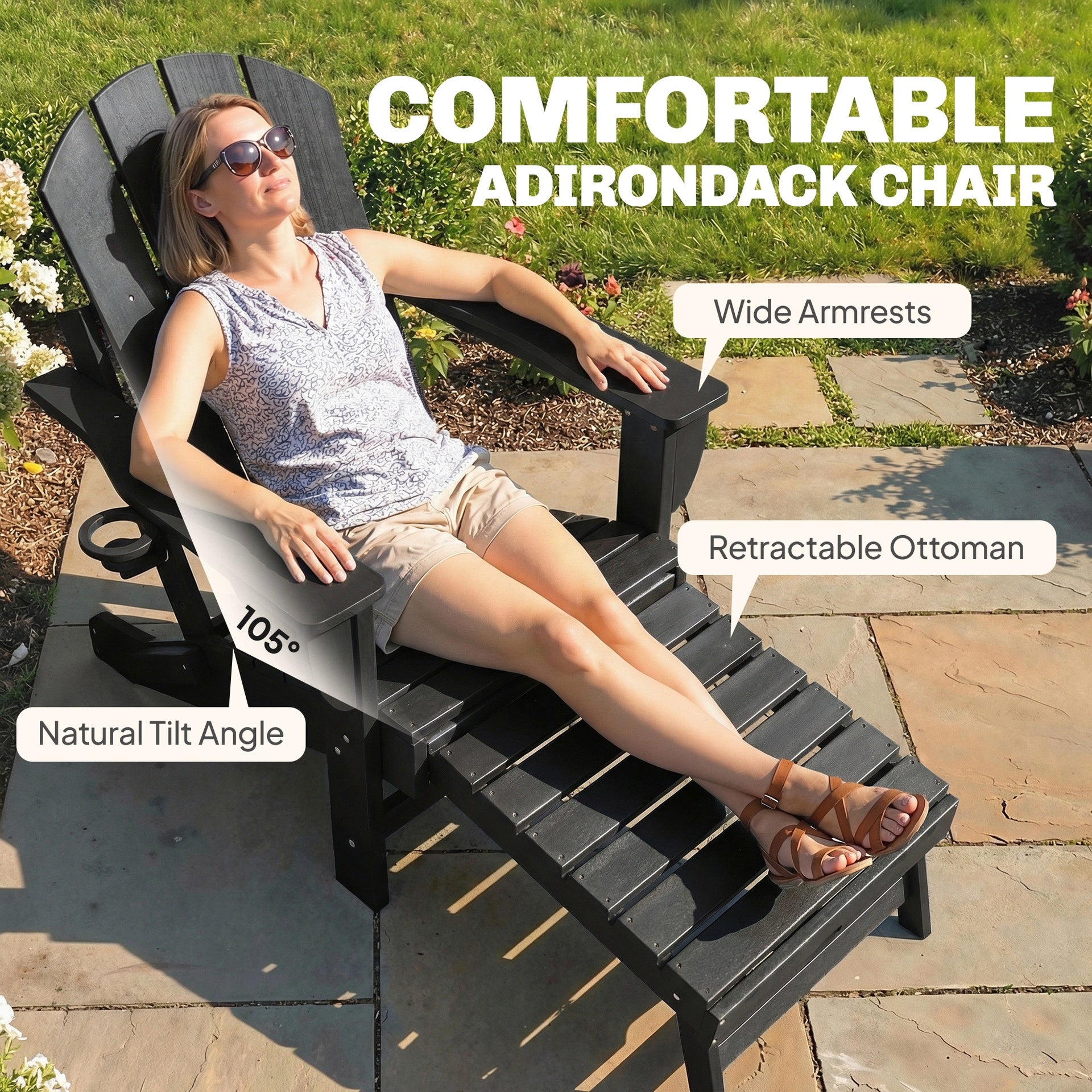Outsunny Folding Adirondack Chair Set of 2, HDPE Fire Pit Chair with Retractable Ottoman and Cup Holder, Black