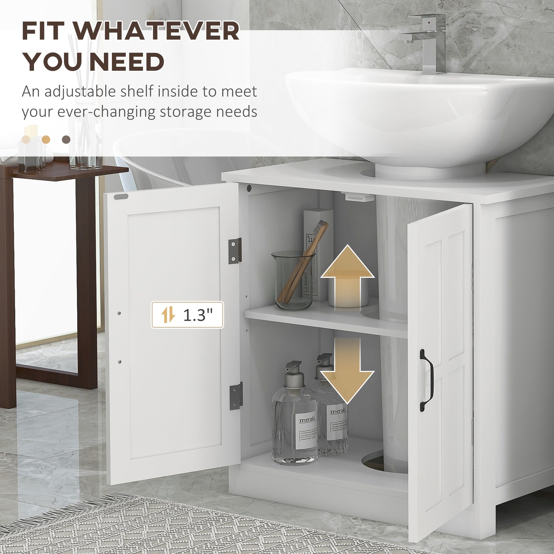 kleankin Pedestal Sink Storage Cabinet, Under Sink Cabinet with 2 Doors and Adjustable Shelf, Bathroom Vanity with U-Shape Cut-Out, White