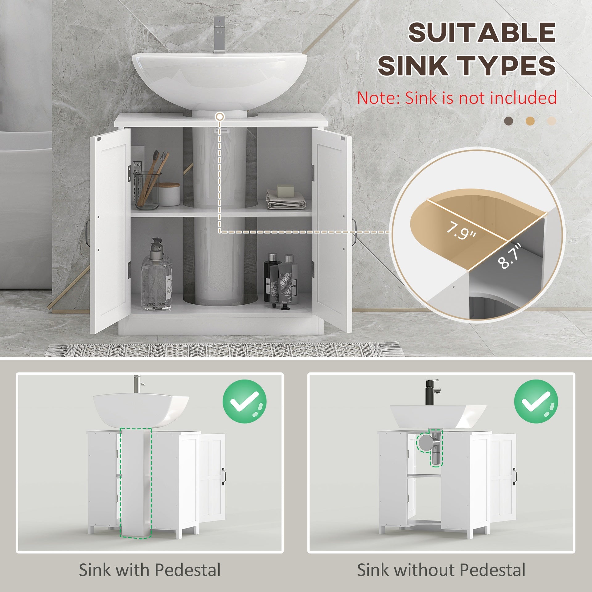 kleankin Pedestal Sink Storage Cabinet, Under Sink Cabinet with 2 Doors and Adjustable Shelf, Bathroom Vanity with U-Shape Cut-Out, White