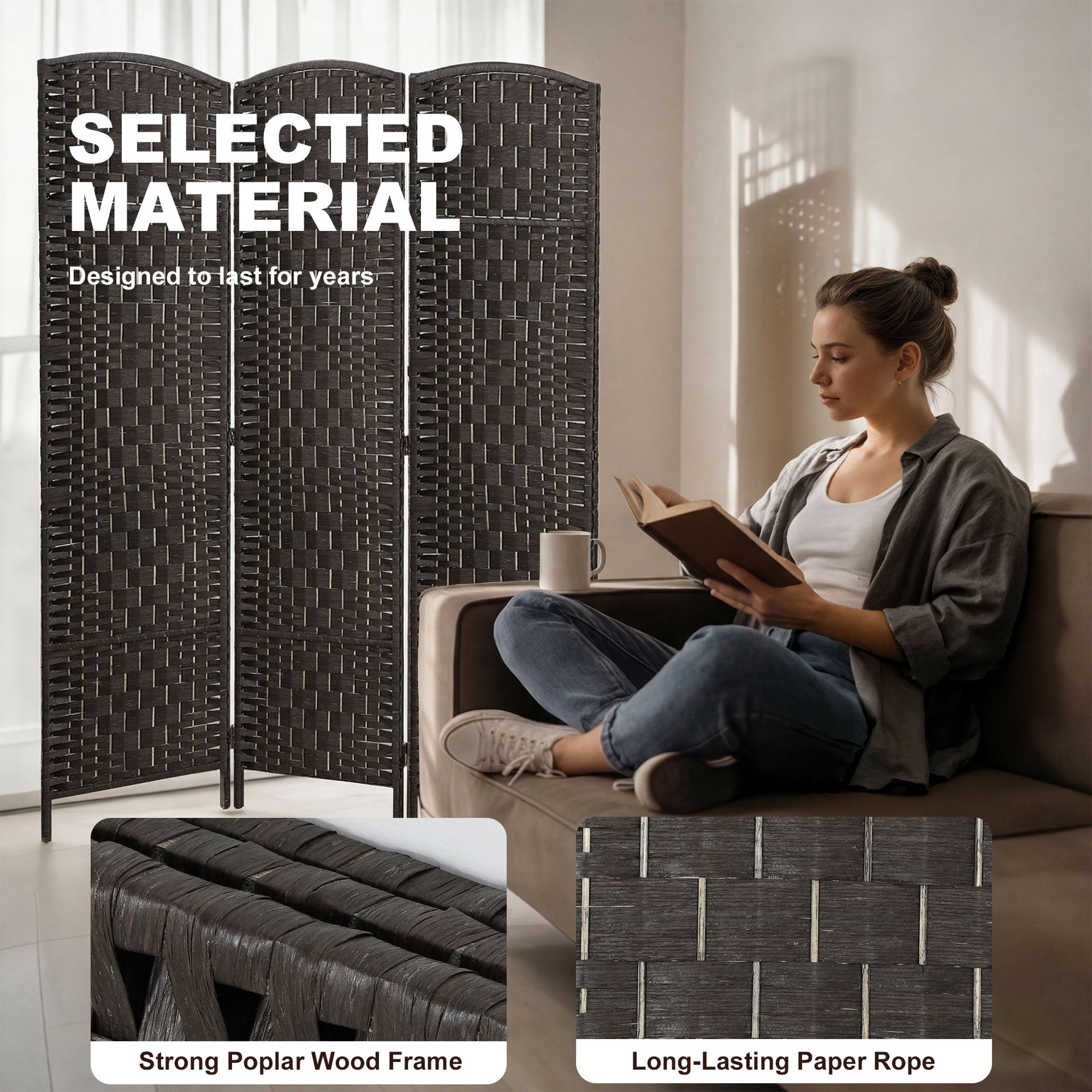 HOMCOM Room Divider, 3 Panel Folding Privacy Screen, 70.9" Tall Portable Weave Partition Wall Divider for Bedroom, Coffee