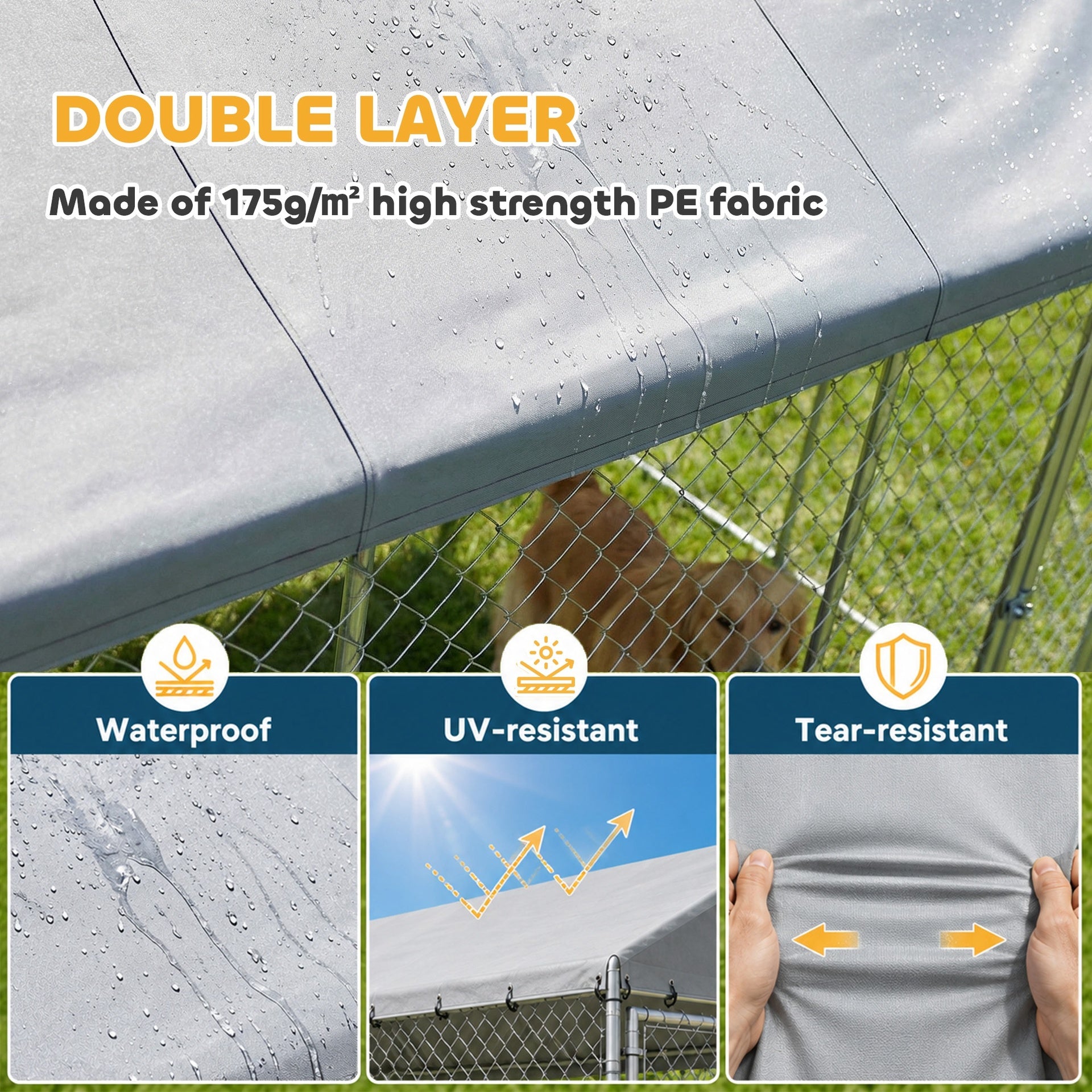 PawHut Heavy Duty Outdoor Dog Kennel with Waterproof Roof, 2 Secure Latches, Chain Link Dog Run for Backyard, 20' x 15' x 8'