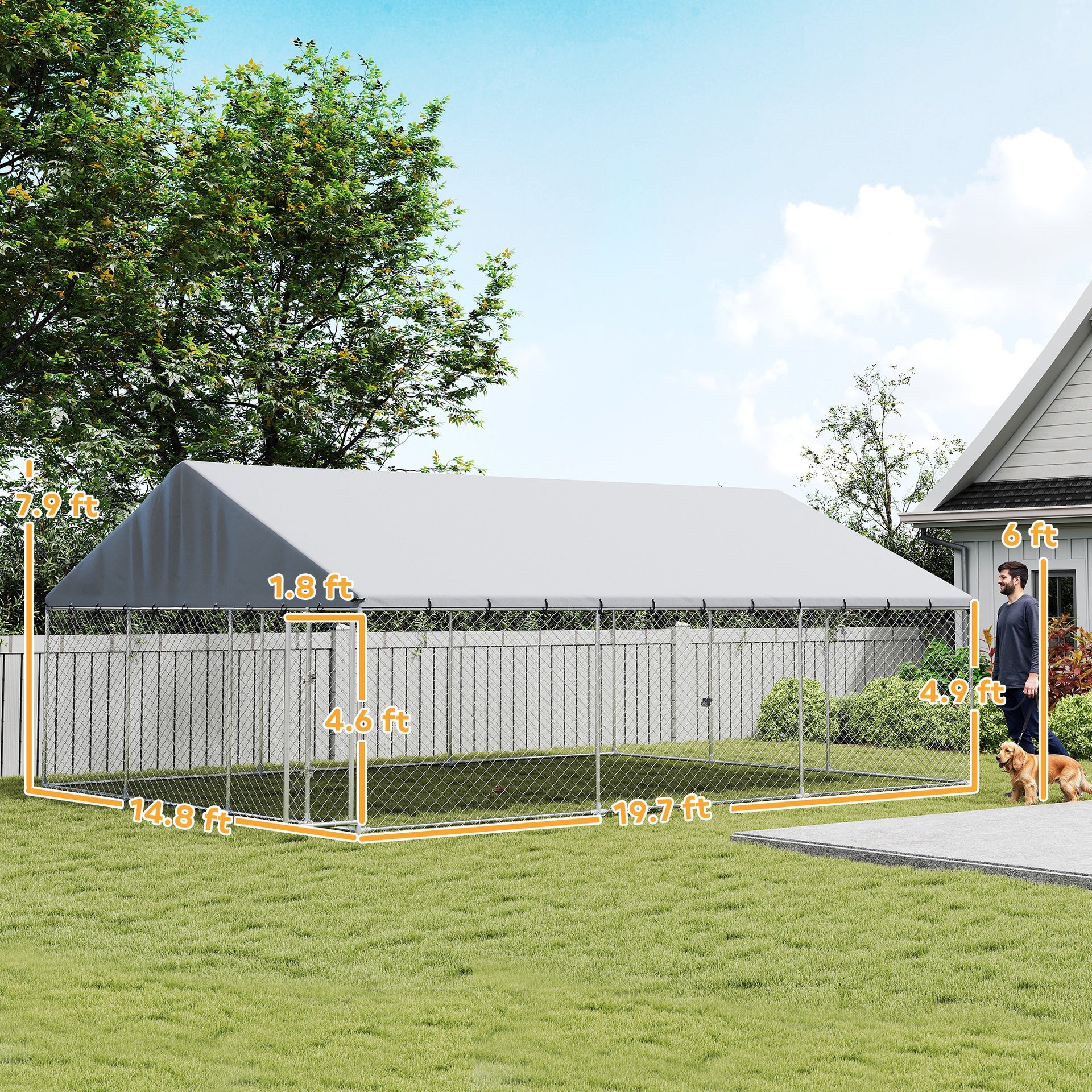 PawHut Heavy Duty Outdoor Dog Kennel with Waterproof Roof, 2 Secure Latches, Chain Link Dog Run for Backyard, 20' x 15' x 8'