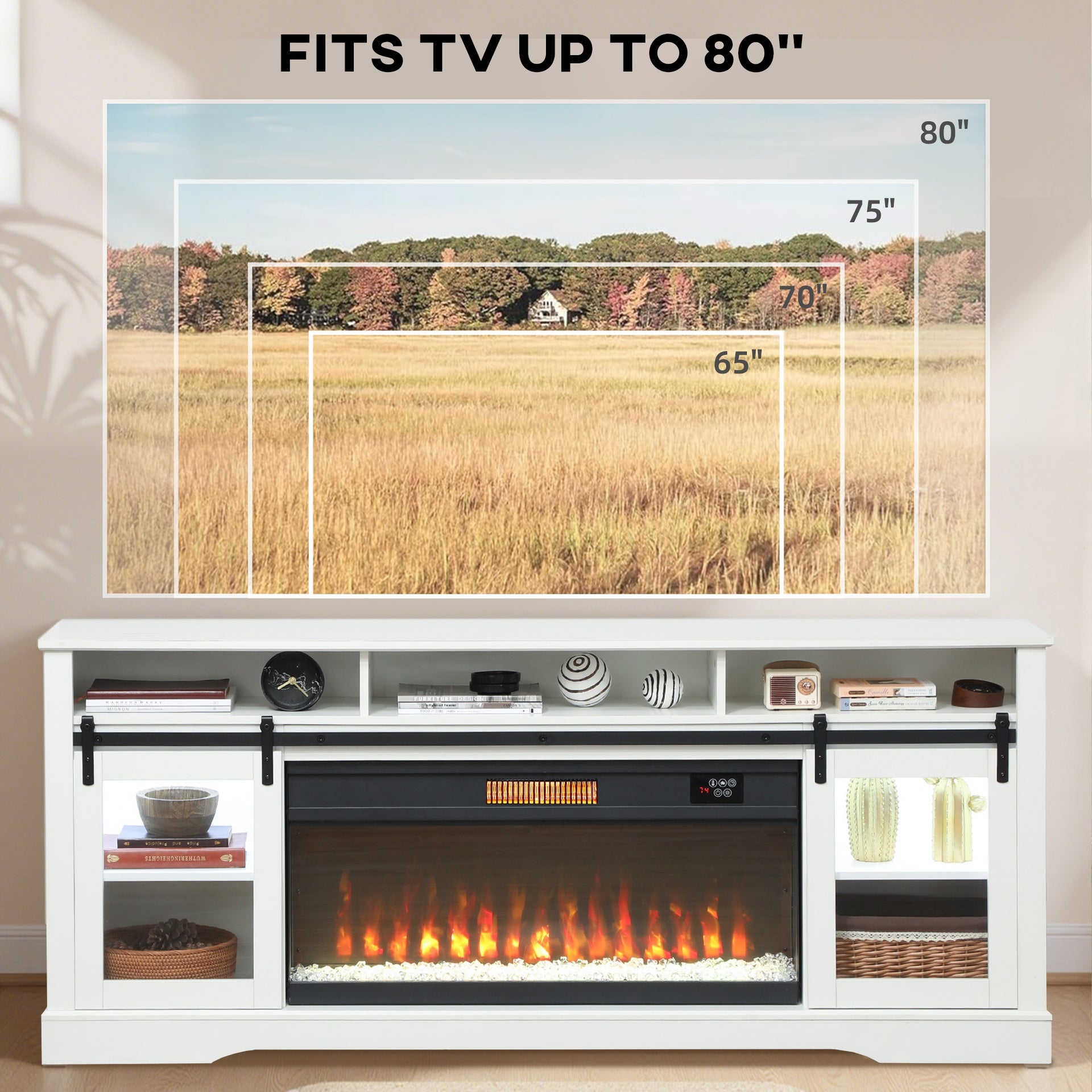 HOMCOM Fireplace TV Stand for TVs Up to 80 Inch, TV Console with Electric Fireplace, Open Storage and Side Cabinets, White