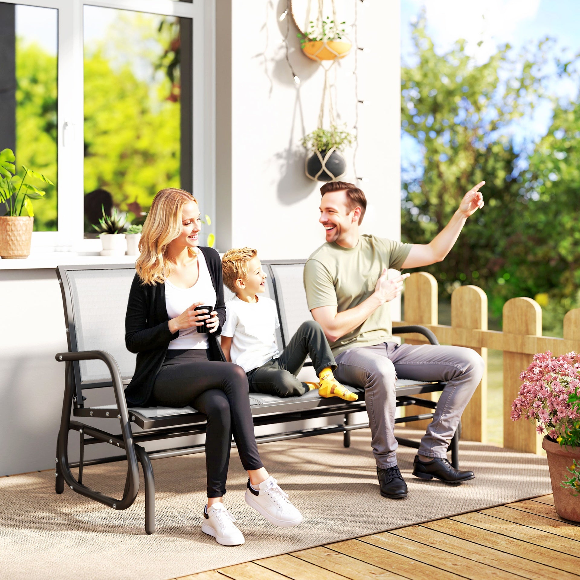 Outsunny 3-Person Outdoor Patio Glider Bench, Porch Glider Swing with 3 Seats, Breathable Mesh Fabric, Metal Frame, Cream White