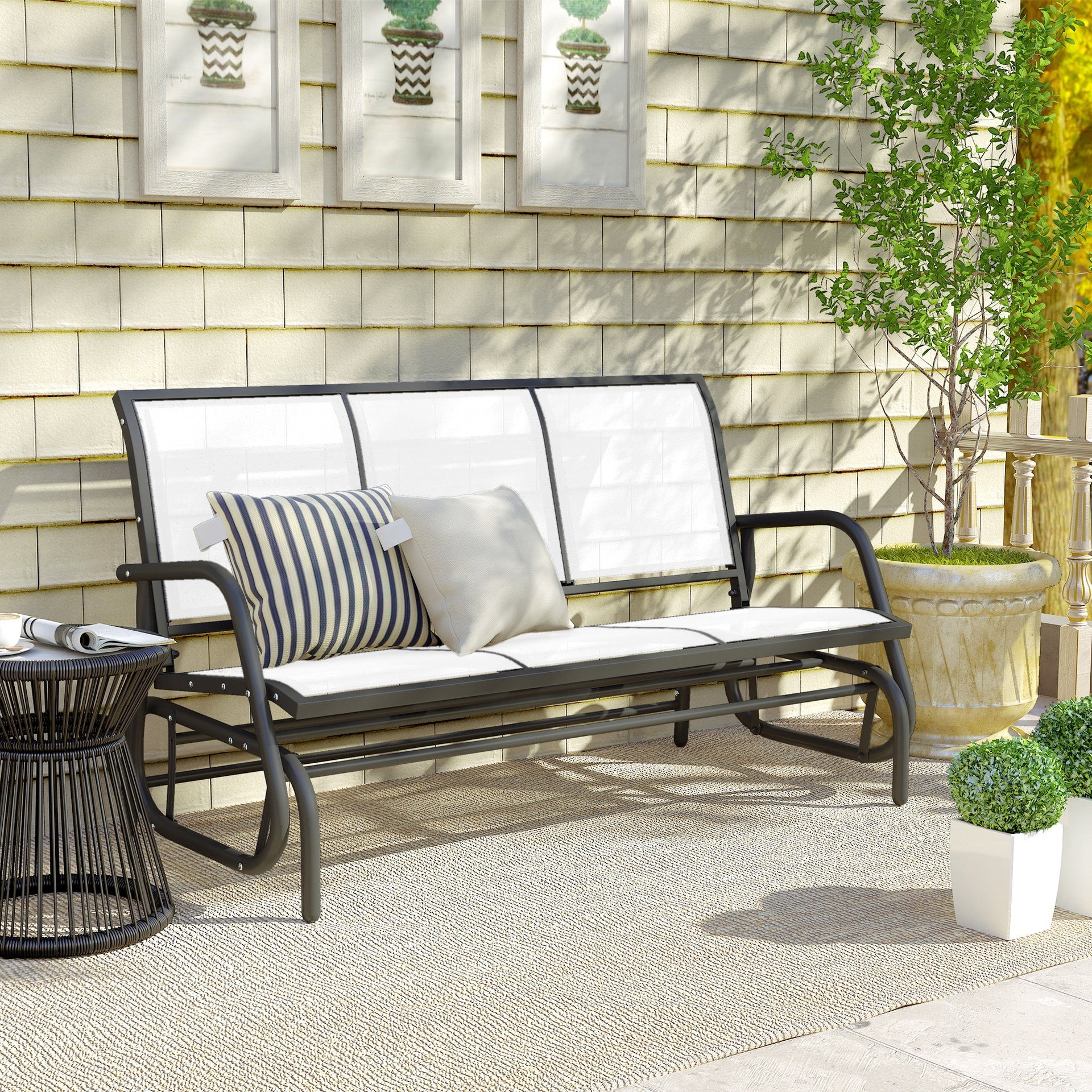 Outsunny 3-Person Outdoor Patio Glider Bench, Porch Glider Swing with 3 Seats, Breathable Mesh Fabric, Metal Frame, Cream White