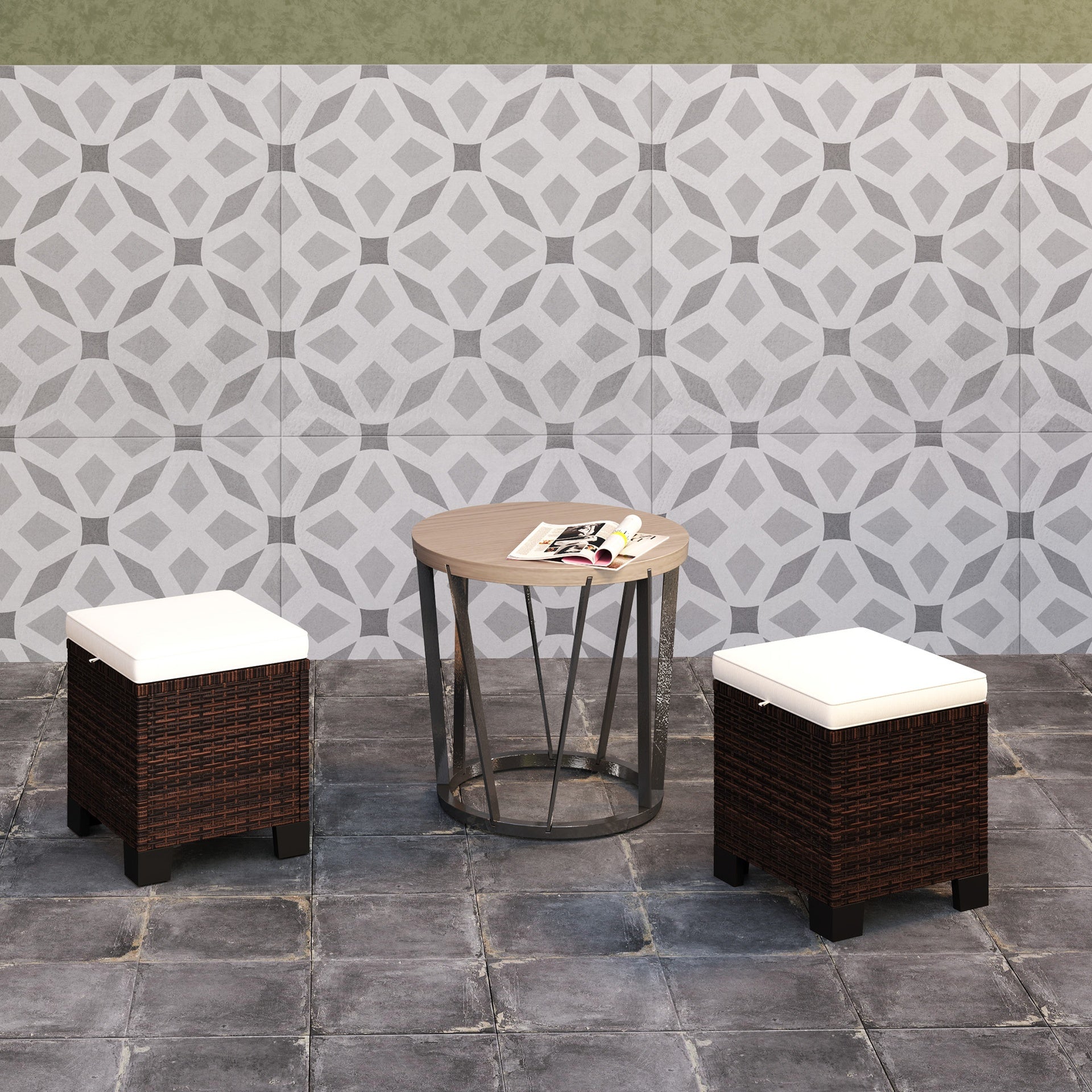 Outsunny 2 Piece Wicker Outdoor Ottomans with Cushions, Rattan Ottoman Footrest and Side Table for Patio, Yard, Poolside, Beige