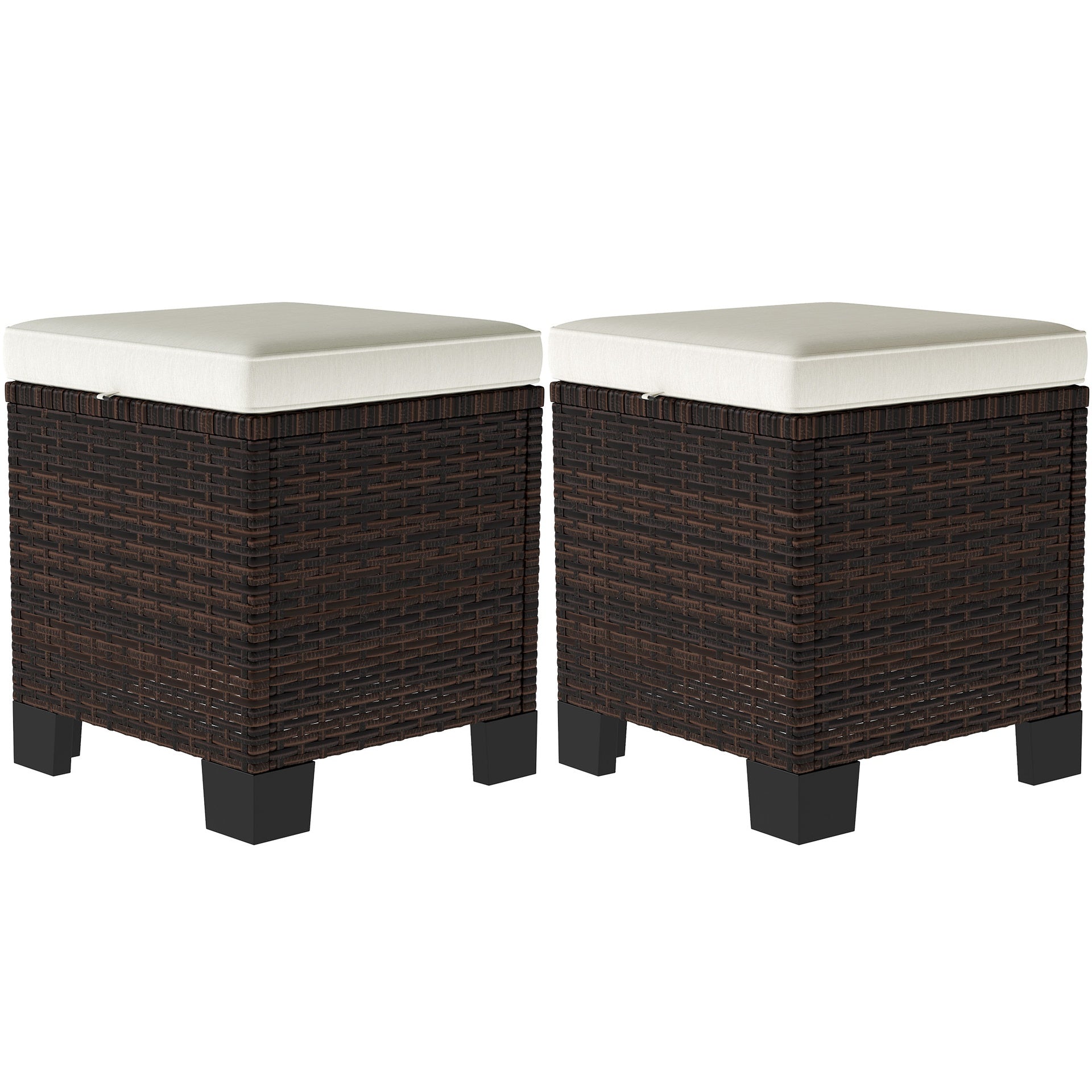 Outsunny 2 Piece Wicker Outdoor Ottomans with Cushions, Rattan Ottoman Footrest and Side Table for Patio, Yard, Poolside, Beige