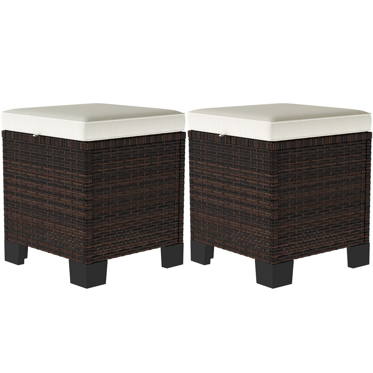 Outsunny 2 Piece Wicker Outdoor Ottomans with Cushions, Rattan Ottoman Footrest and Side Table for Patio, Yard, Poolside, Beige