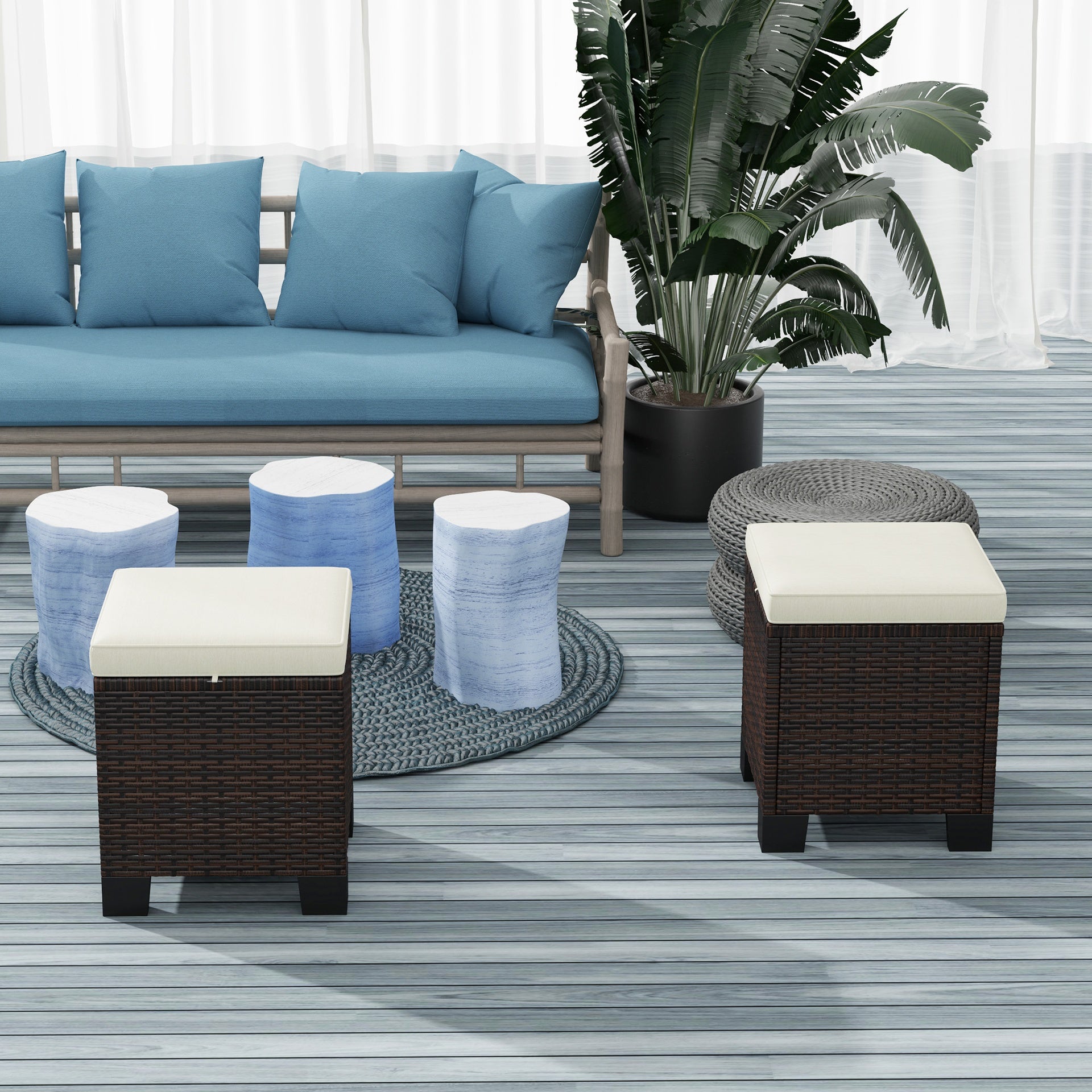 Outsunny 2 Piece Wicker Outdoor Ottomans with Cushions, Rattan Ottoman Footrest and Side Table for Patio, Yard, Poolside, Beige