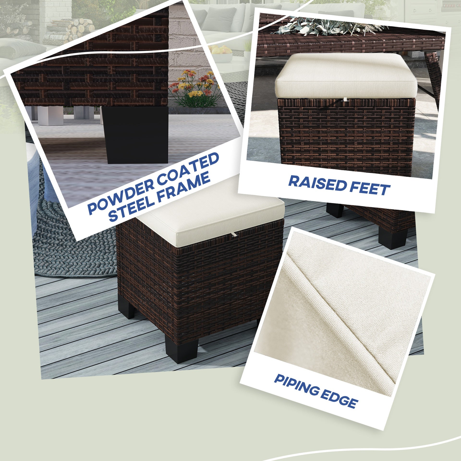 Outsunny 2 Piece Wicker Outdoor Ottomans with Cushions, Rattan Ottoman Footrest and Side Table for Patio, Yard, Poolside, Beige