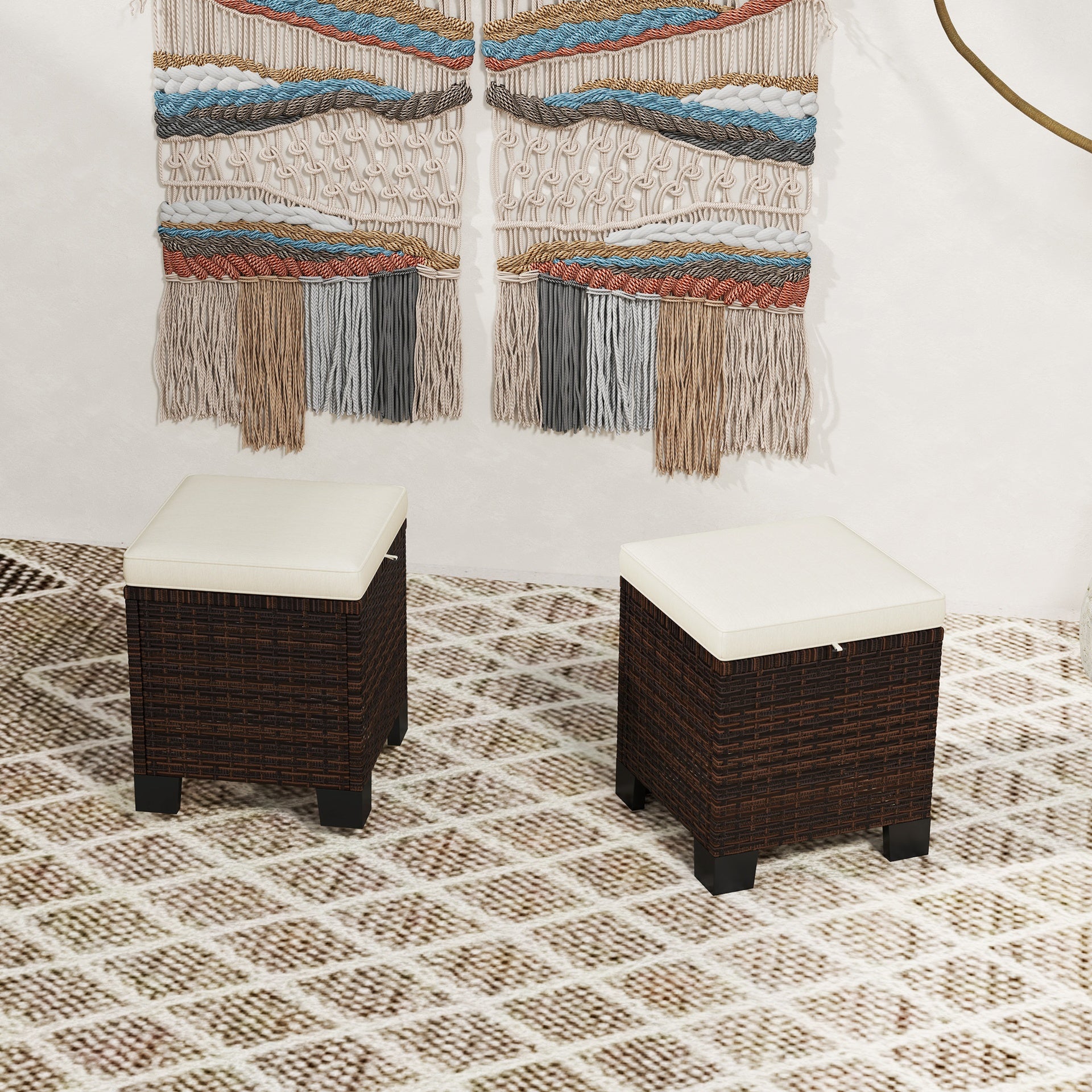 Outsunny 2 Piece Wicker Outdoor Ottomans with Cushions, Rattan Ottoman Footrest and Side Table for Patio, Yard, Poolside, Beige