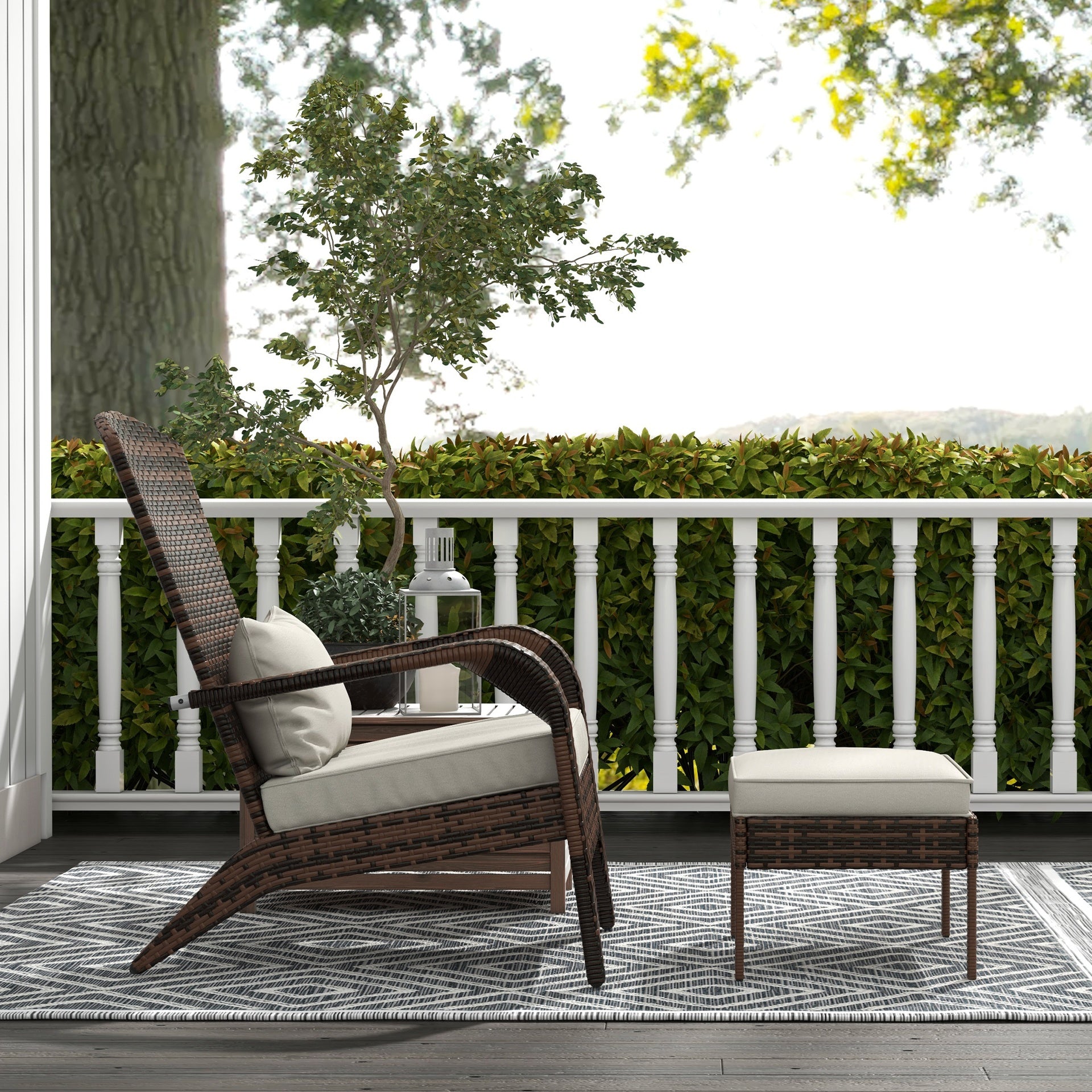 Outsunny Wicker Adirondack Chair Fire Pit Chair w/ Ottoman & Cushions, White